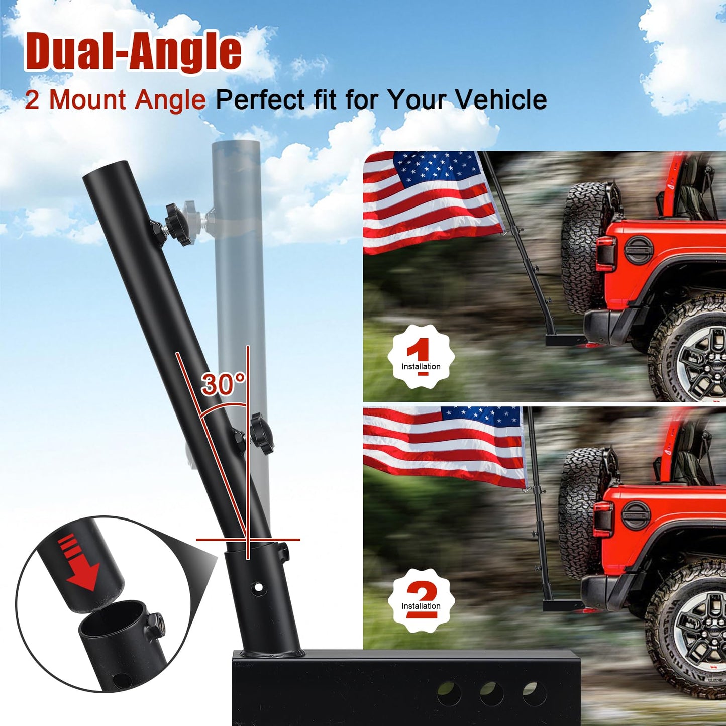 Truck Flag Pole with Hitch Holder – 5FT Heavy Duty Flagpole Mount Kit for Tow Hitch, Dual Angle Mount, Long Protect Sleeve Windproof Design for Trucks, Jeep & Trailer,Black
