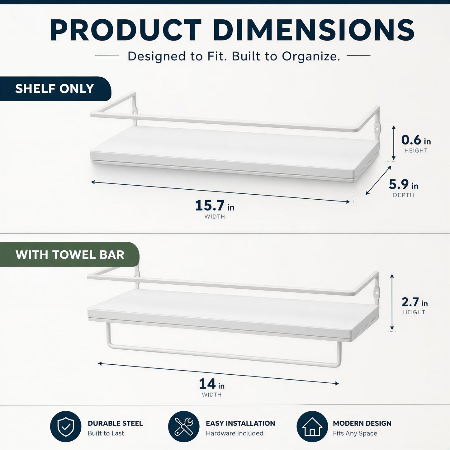 Floating Bathroom Shelves Set of 2 Wall Mounted Shelf with Black Metal Frame and Towel Rack for Bathroom Over Toilet Storage and Organizers for Bedroom Living Room Kitchen Office (White)