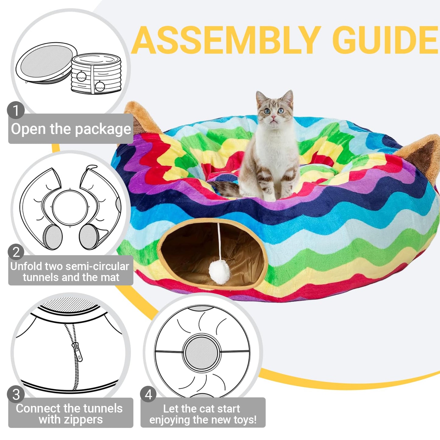 LUCKITTY Large Cat Tunnel Bed with Plush Cover,Fluffy Toy Balls, Small Cushion and Flexible Design- 10 inch Diameter, 3 ft Length- Great for Cats, and Small Dogs, Rainbow Wave Color