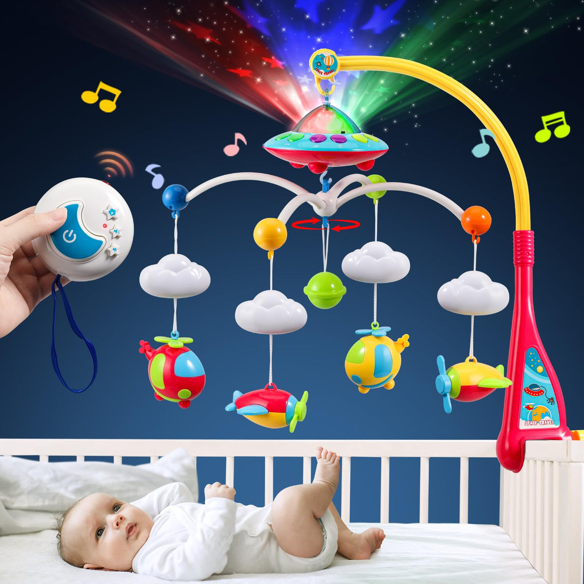 BOBXIN Baby Mobiles for Crib, Crib Mobile with Projector and 108 Melodies Music, Crib Toys with Remote Control and Hanging Rattles Rotating,Toy for Newborn and Baby Boy Girl