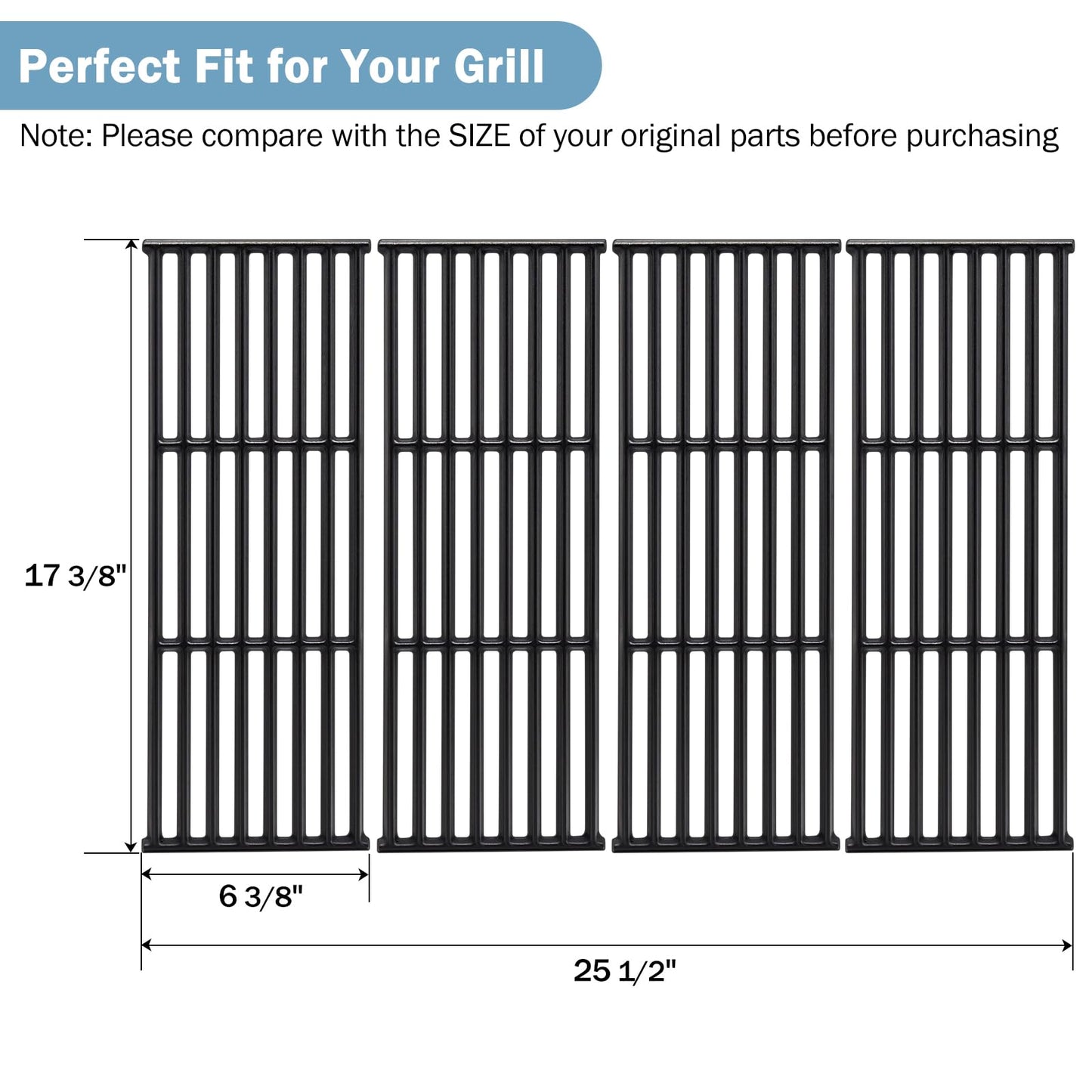 Criditpid BBQ Grill Grate for Broil King Baron 440 320 340 420 S420 S320 Grill Models. 17-3/8" Heavy Duty Matte Cast Iron Cooking Grates for Broil-Mate, Huntington Grill. (4 Pack)