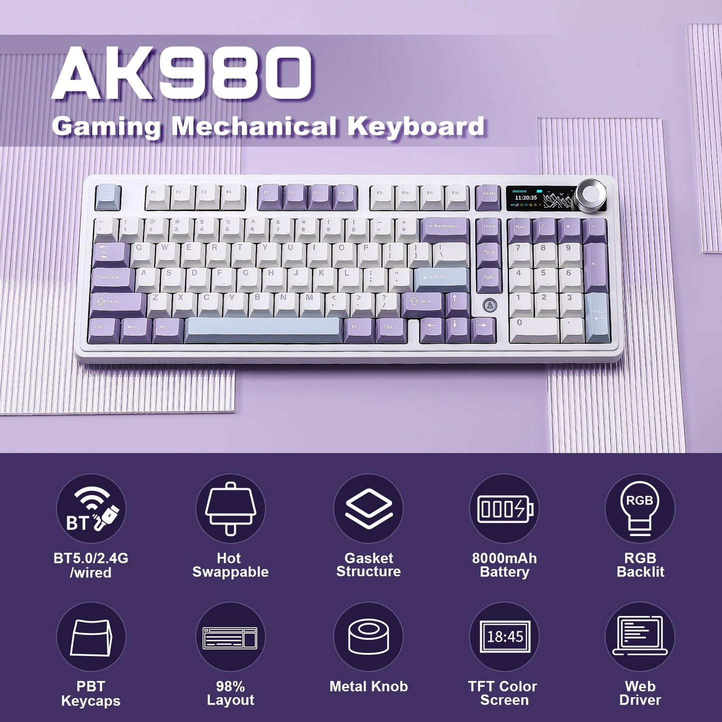 MIKIBY AJAZZ AK980 Mechanical Gaming Keyboard with Smart Display & Knob,98% Wireless Keyboard Tri-Mode BT/2.4G/USB-C, Hot Swappable, PBT Keycaps, with RGB Light for Win & Mac(Purple,Murad Switch)