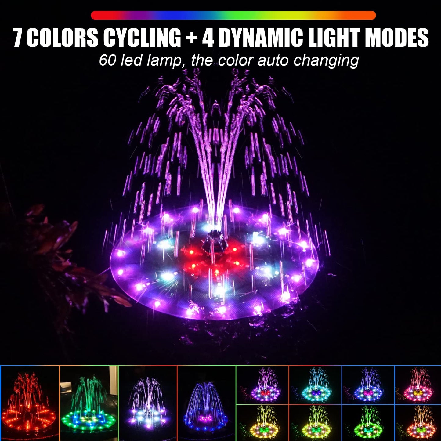 Yzert Upgraded Solar Fountain Bird Bath with 60 LED Lights, Solar Powered Water Fountain Pump with Battery Backup 7 Nozzles 4 Fixers, Outdoor Fountain for Garden Patio Pond Birdbath Pool