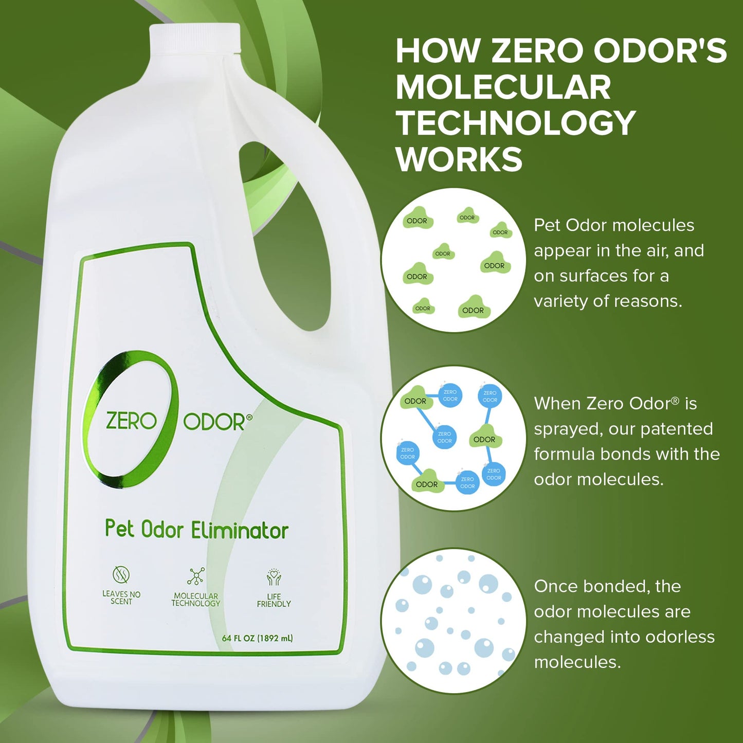 Zero Odor - Pet Odor Eliminator - Air & Surface Odors – Patented Molecular Technology Best For Carpet, Furniture, Pet Bed - Smell Great Again, 64oz Refill
