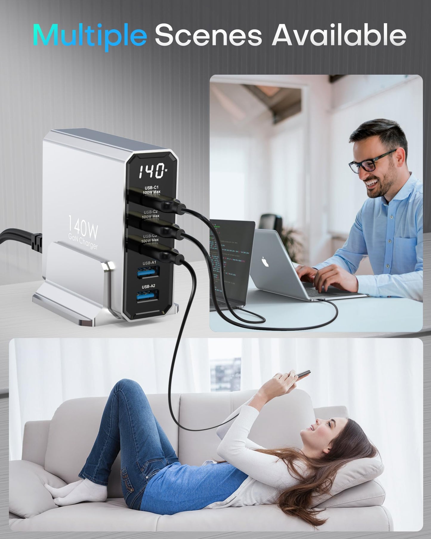 140W USB C Charging Station with Display, 5-Port GaN USB C Charger Block, Max 100W USB Hub Laptop Charger Compatible with MacBook Pro/Air,iPhone 15/14/13/Mini/Pro/Pro Max/Samsung Galaxy, Black