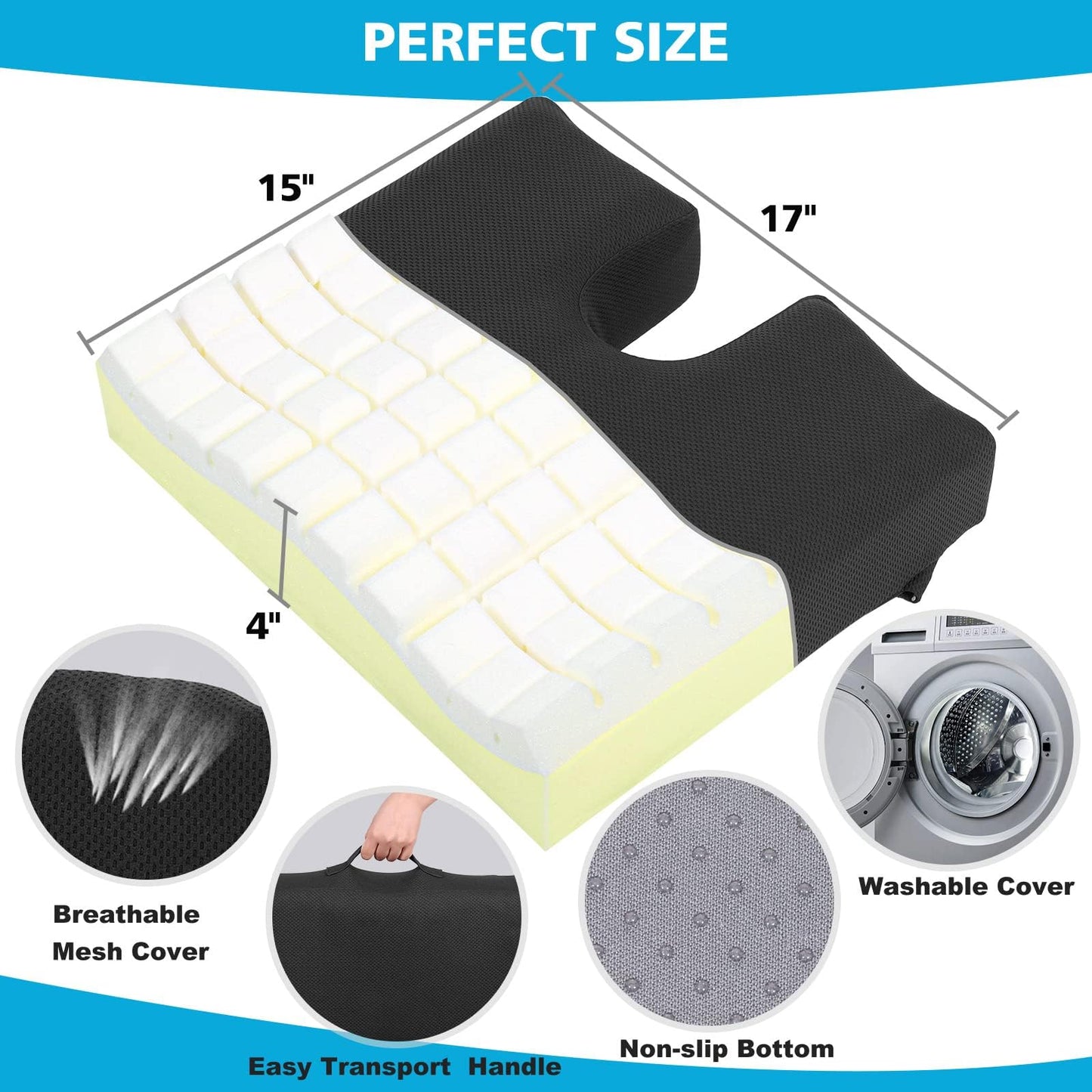 HAVARGO Memory Foam Seat Cushion 4 Inch Thick Chair Cushion Dual-Layer Supportive Pressure Relief Ergonomic Butt Pillow with Handle, U-Shaped