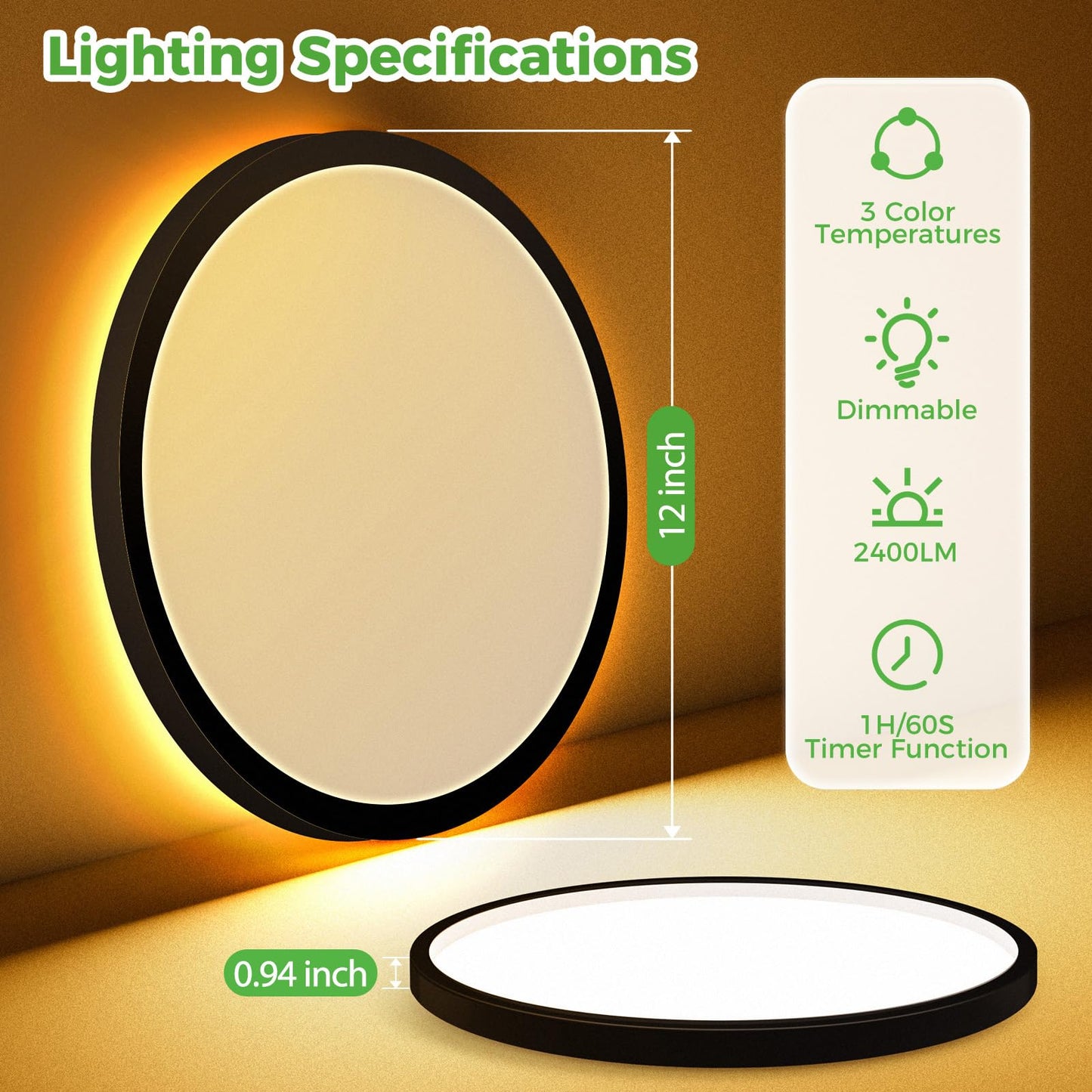 zemty 12 Inch Flush Mount Ceiling Light with Night Light 1800K, 3000K-6500K Selectable LED Light Fixture with Remote Control, 24W 2400lm Dimmable Ceiling Lamp for Bedroom Bathroom Kitchen-Black