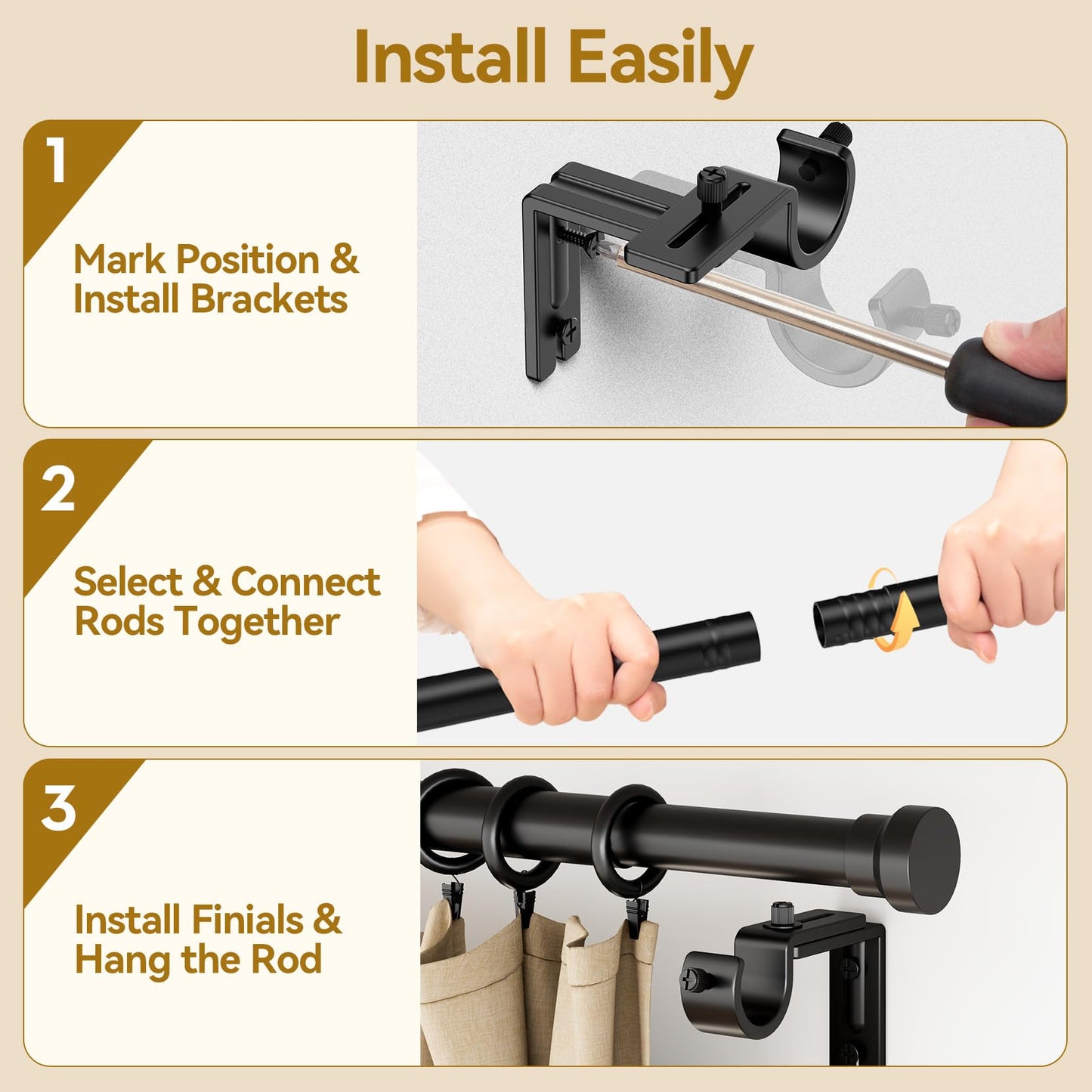 Yafex Curtain Rod 32-118 Inch, Heavy Duty 1 Inch Adjustable Curtain Rods for Windows, Black Long Window Treatment Rods, Modern Design, Easy Installation