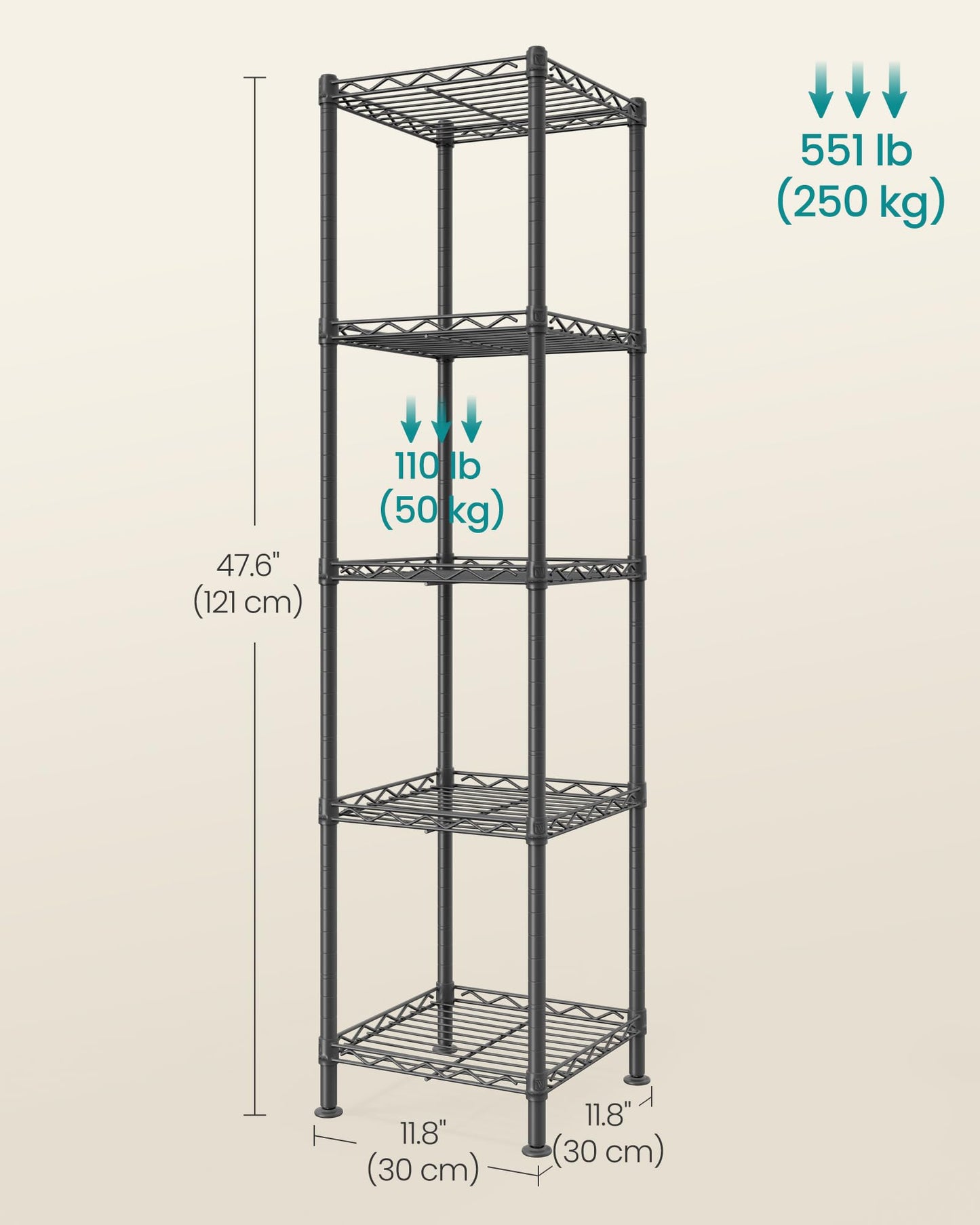SONGMICS Storage Shelf, Metal Wire Shelving Unit, Adjustable Shelves, for Garage, Bedroom, Living Room, Kitchen, Pantry, 5 Tier, 30 x 30 x 121 cm, Ink Black ULGR123BH01