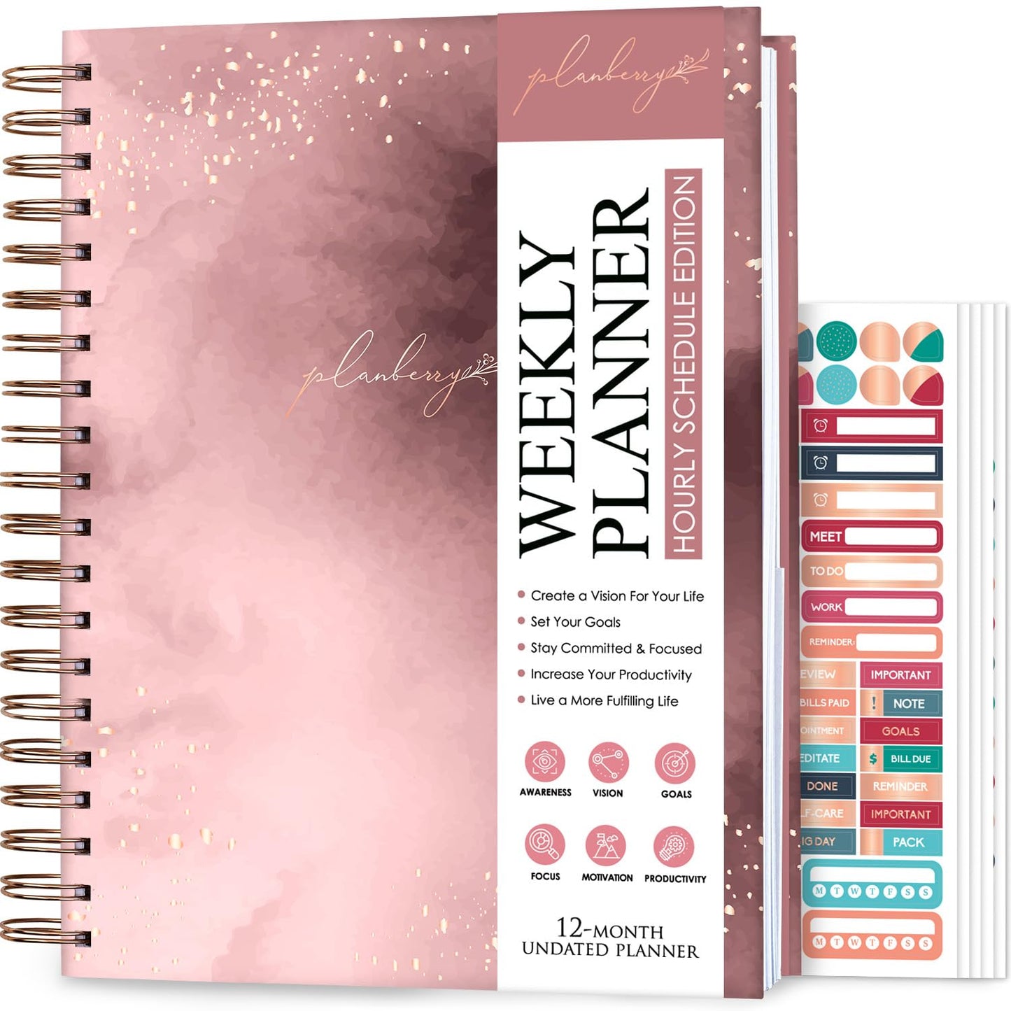 PLANBERRY Large Hourly Schedule Planner Premium – Undated Hourly Schedule & Budget Organizer for Time Management – Productivity Journal with Habit Tracker – 8x10.4″ Hardcover (Rose Gold)