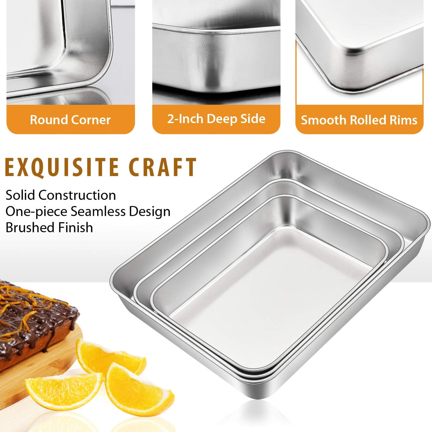 Baking Pans Set of 3, E-far Stainless Steel Sheet Cake Pan for Oven - 12.5/10.5/9.4Inch, Rectangle Bakeware Set for Cake Lasagna Brownie Casserole Cookie, Non-toxic & Healthy, Dishwasher Safe