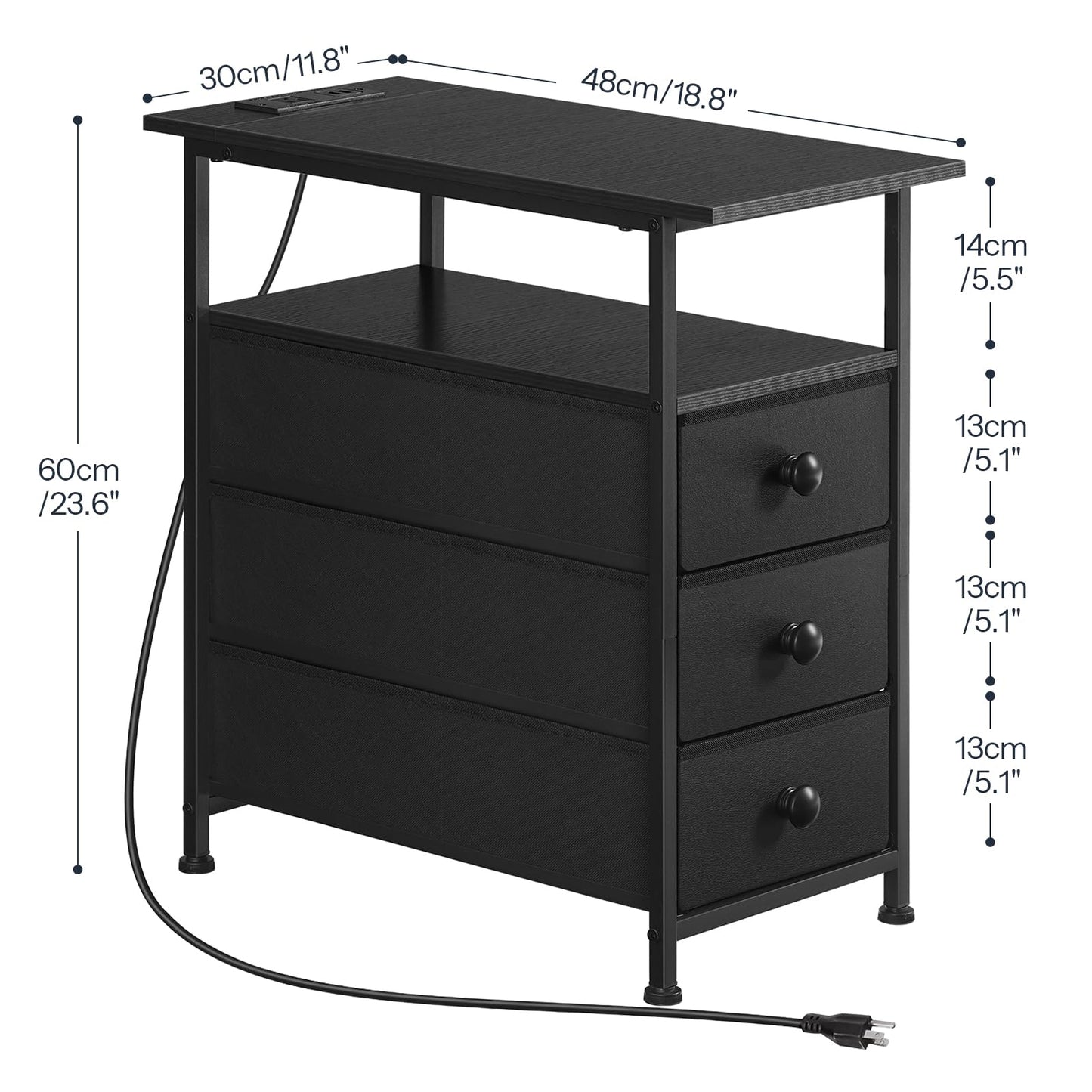 HOOBRO End Table, Narrow Side Table with Charging Station, Nightstand with 3 Non-Woven Fabric Drawers, Bedside Table for Small Spaces, for Living Room, Bedroom, Black BB483UBZ01