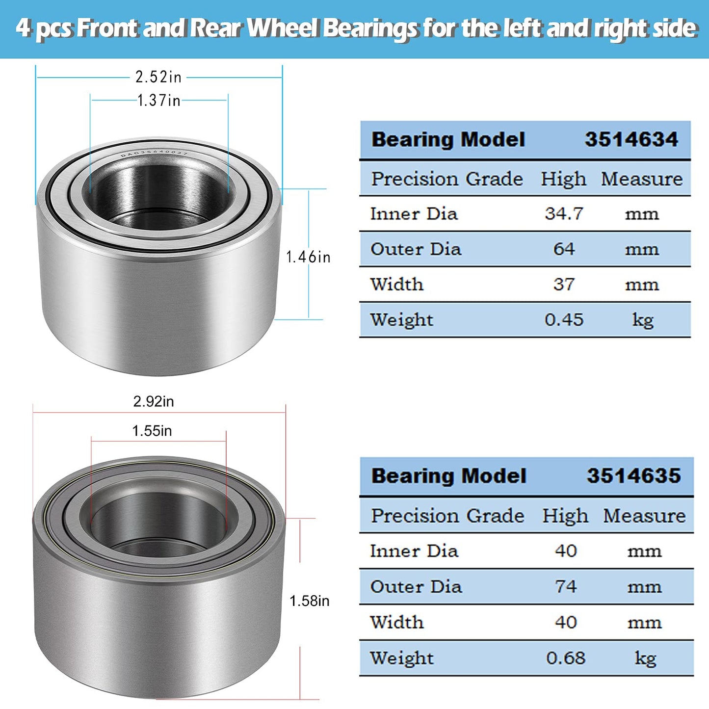 4 Pcs Front and Rear Wheel Bearings for Polaris Ranger 400 500 700 Sportsman 400 450 500 600 700 X2 HO EPS XP EFI Replace OE 3514634 3514635