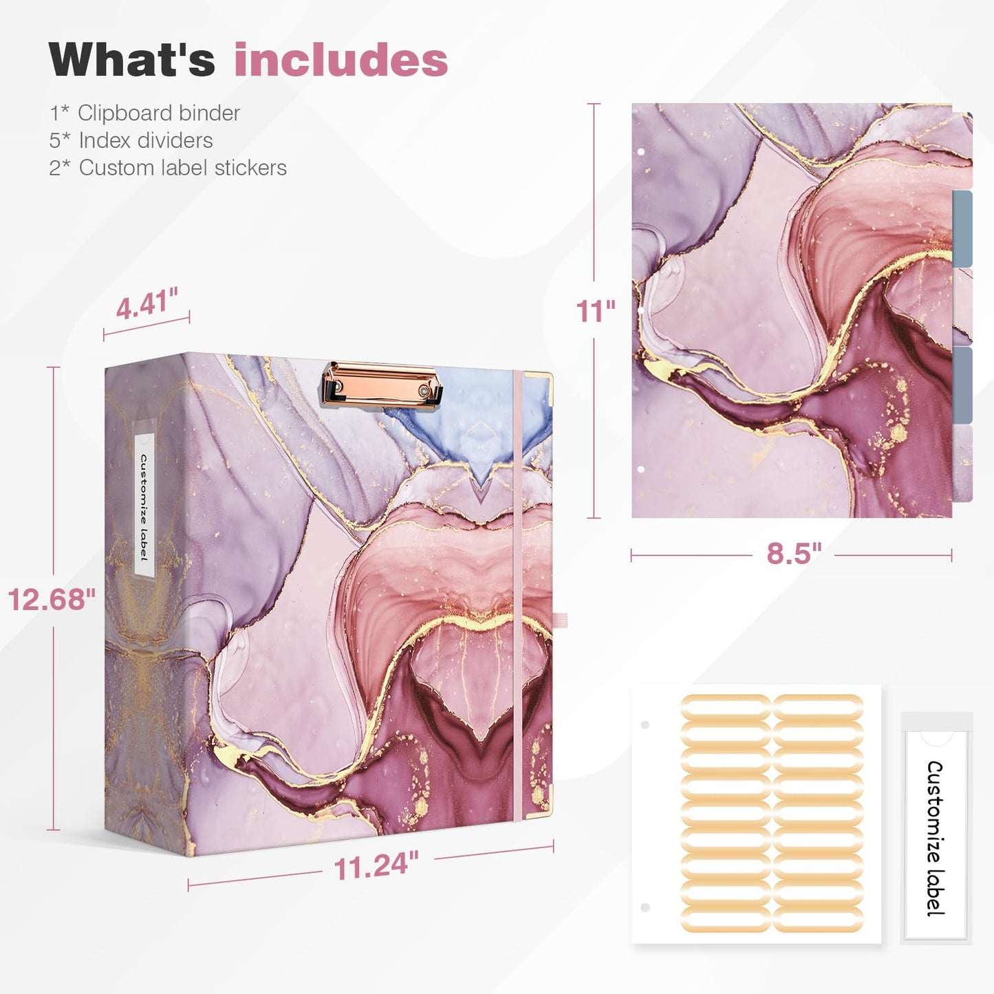 Ospelelf 3 Ring Binder 3 Inch, Cute Binder for Letter Size (11" x 8.5") with 5 Tab Dividers, File Folder Labels and Low Profile Clipboards, Pink Marble Binder for School Supplies and Office Supplies