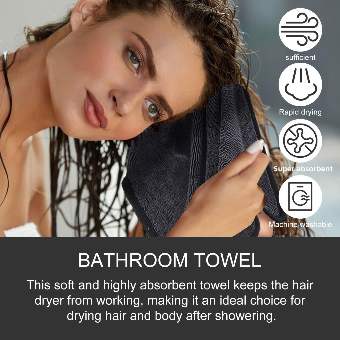 Longzhuo Shiny Microfiber Cleaning Cloths for Shower, Windows, Car, Home, and Office - 3pc Super Absorbent Bath Drying Towels (Gray)