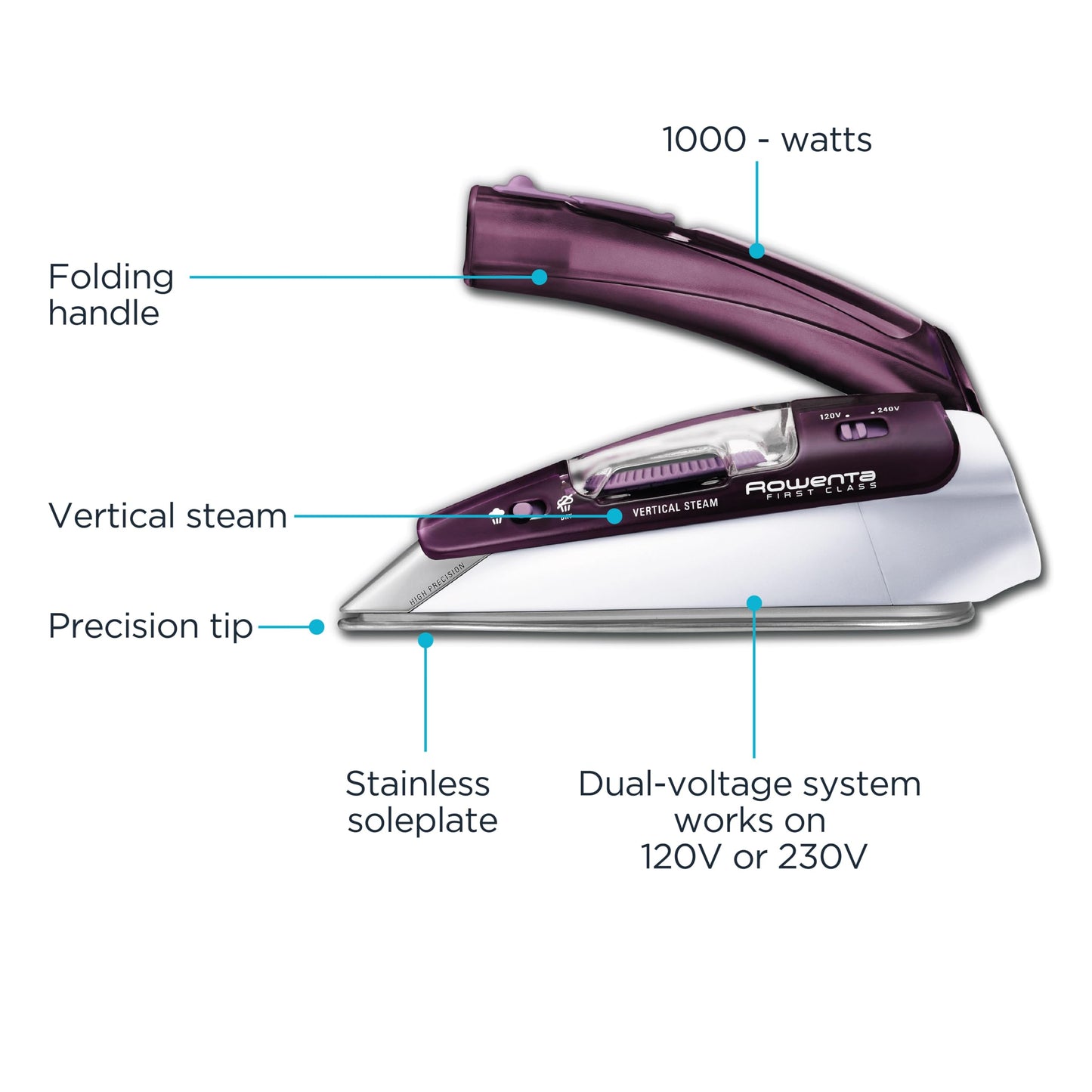 Rowenta Travel Iron, Pro Compact Stainless Steel Soleplate Hand Held Steamer Iron for Clothes, 200 Microsteam Holes, 1000 Watts Ironing, Fabric Steamer, Dual Voltage, Purple, DA1560