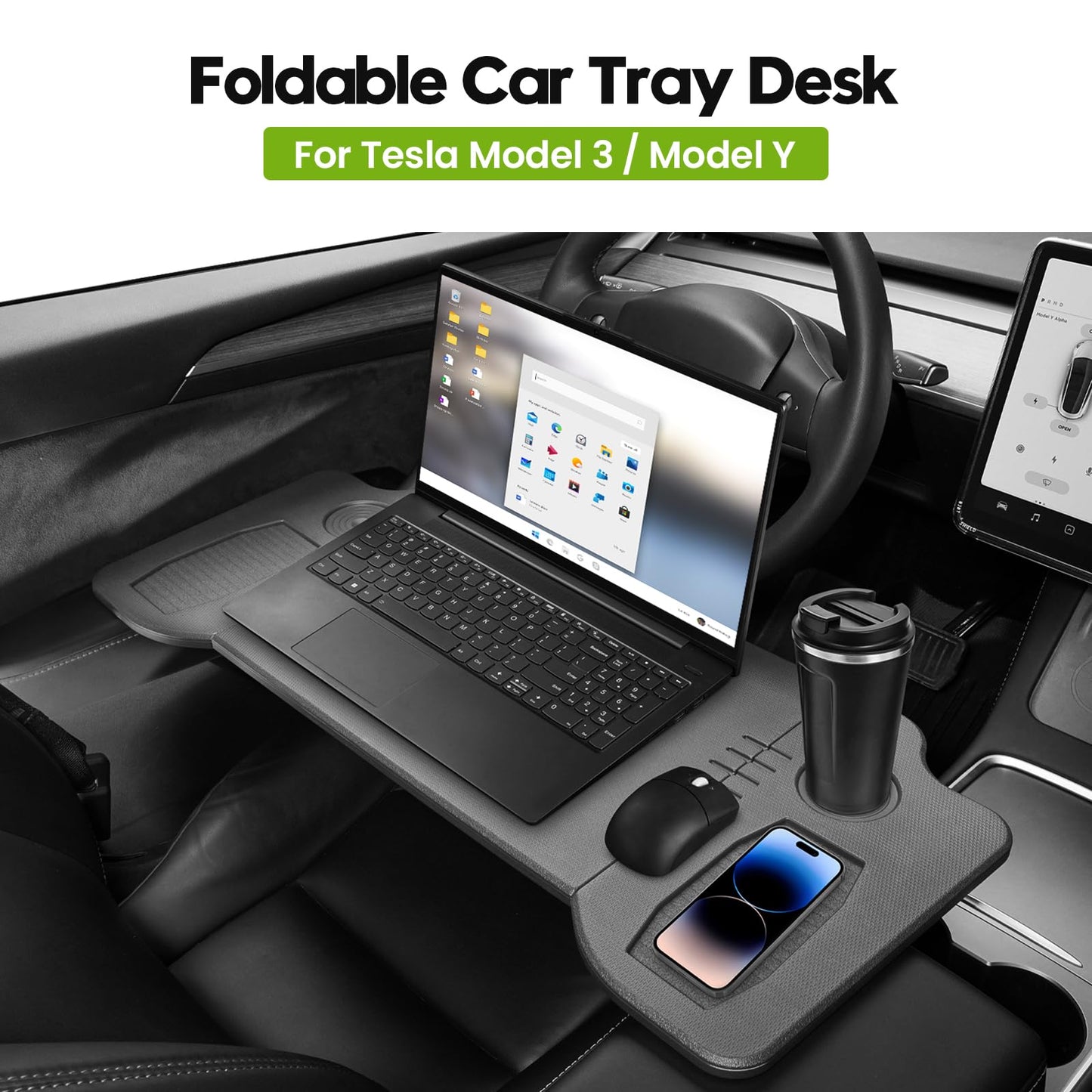 Cacartist Foldable Car Tray Custom Fit for Tesla Model 3 Model Y Accessories 2025 Upgraded Foldable Car Tray Desk Steering Wheel Table for Travel Remote Work Camping