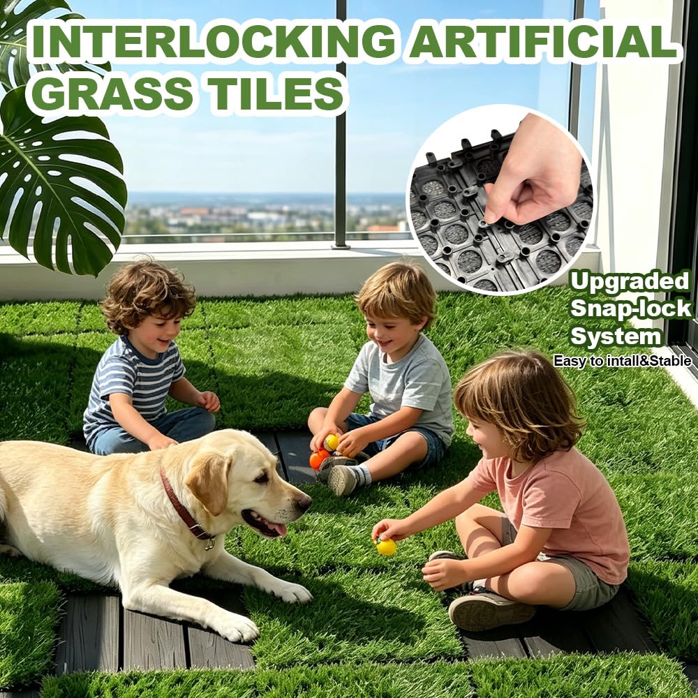 Qingbei Rina Artificial Grass Turf Tiles Interlocking for Patio Balcony,12"x12" Artificial Turf Grass Outdoor Rug for Dogs Potty Pet Squares Grass Decor Pad,Self-draining Flooring Indoor (9 Pack)