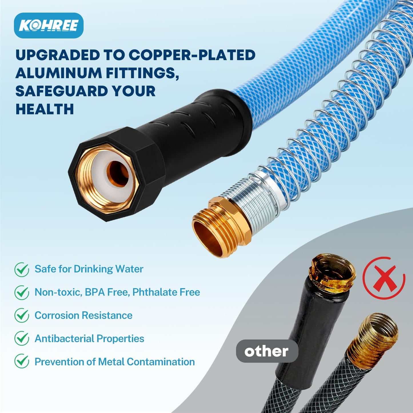 Kohree 25FT Upgraded RV Water Hose with Storage Bag, 5/8" Premium Drinking Water Hose, Leak Free, No Kink, Reinforced PVC Design w/Strain Relief Ends, Flexible Garden Hose for RV, Camper, Truck - Blue