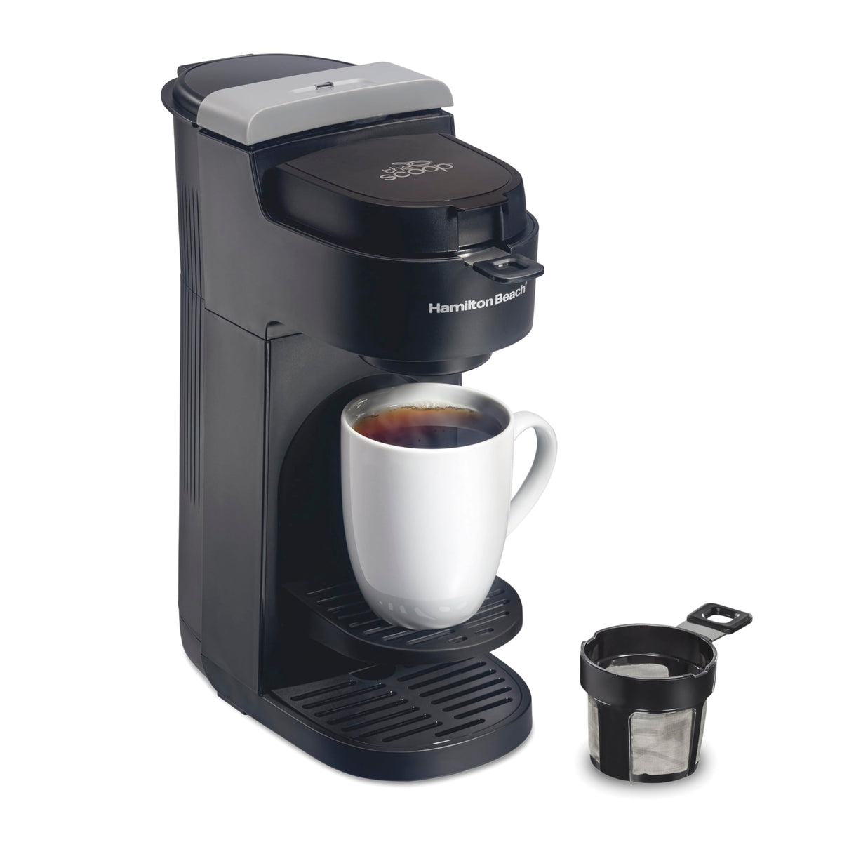 Hamilton Beach The Scoop Single Serve Coffee Maker, No Pods or Paper Filters Needed, Brews 8-14 oz Cups, Reusable Scoop Filter, Auto Shutoff, Black (47620)