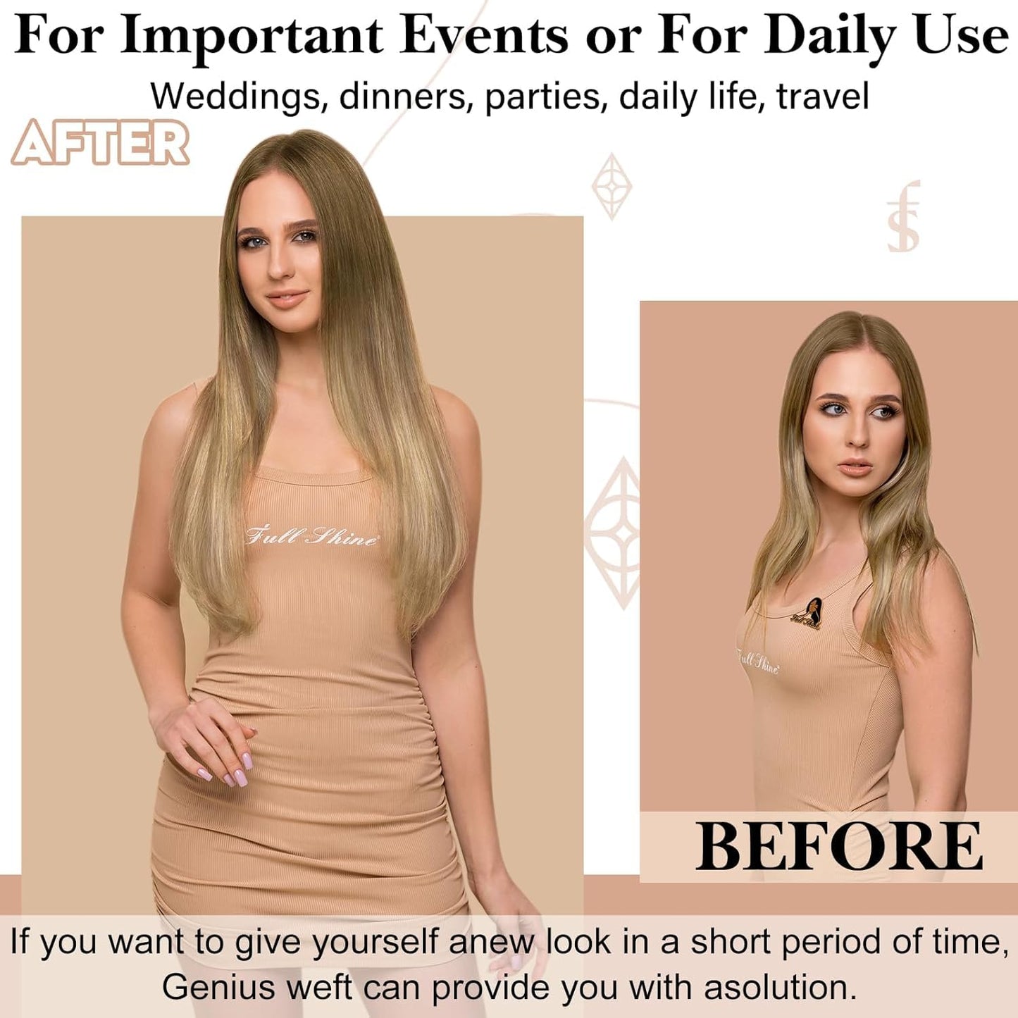 Full Shine Weft Hair Extensions Human Hair Single Genius Weft Sew in Extensions 50G Brown and Blonde Balayage Hair Extensions 18 Inch Silky Straight Human Hair Weft Extensions