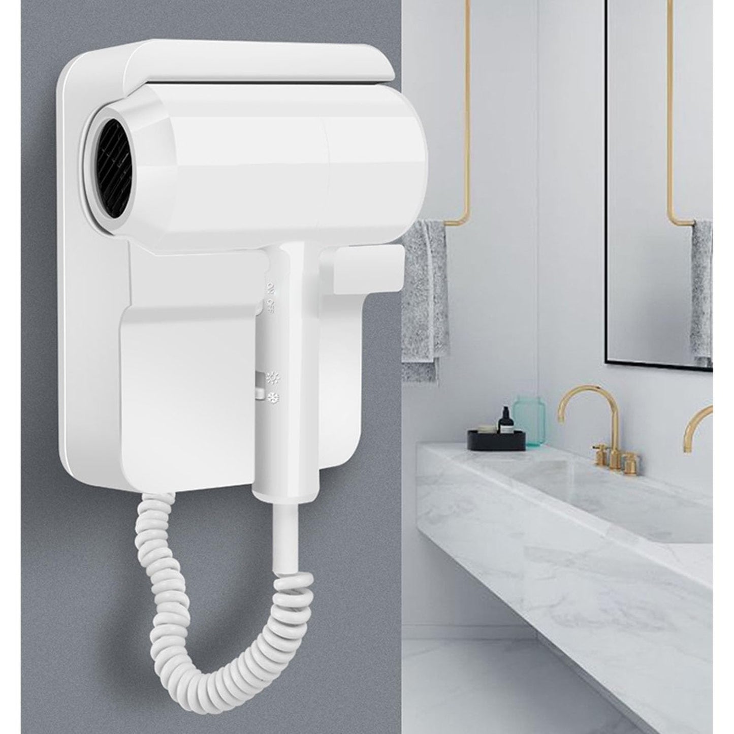 1300W Wall Mount Hair Dryer, Hotel Bathroom Hair Blow Dryer with 2 Levels Intelligent Temperature Control Quick Drying Low Noise Sturdy ABS Construction