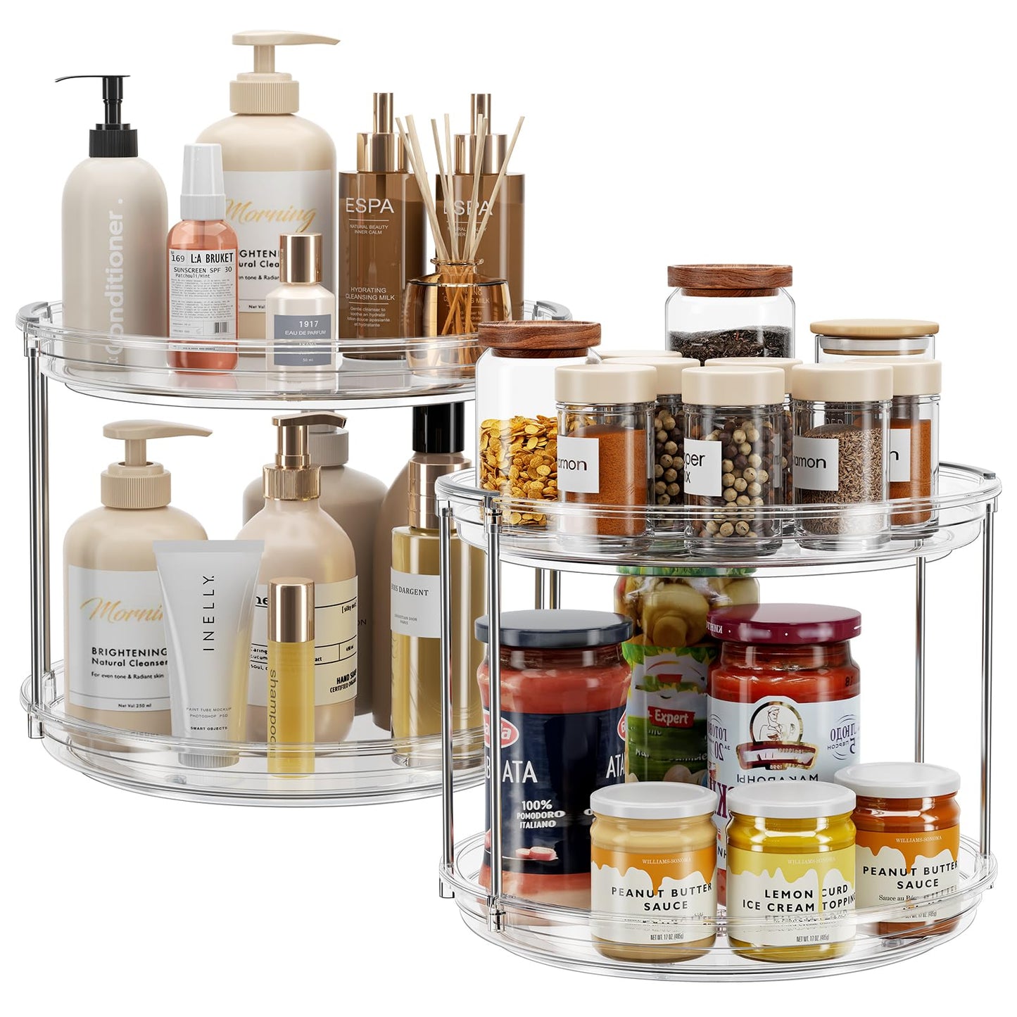 LAMU 2 Pack 2 Tier Lazy Susan Turntable Organizer 9.25'' Rotating Spice Rack Organization for Cabinet, Table Top, Pantry, Countertop, Bathroom, Vanity, Medicine Cabinet Organizer, Clear