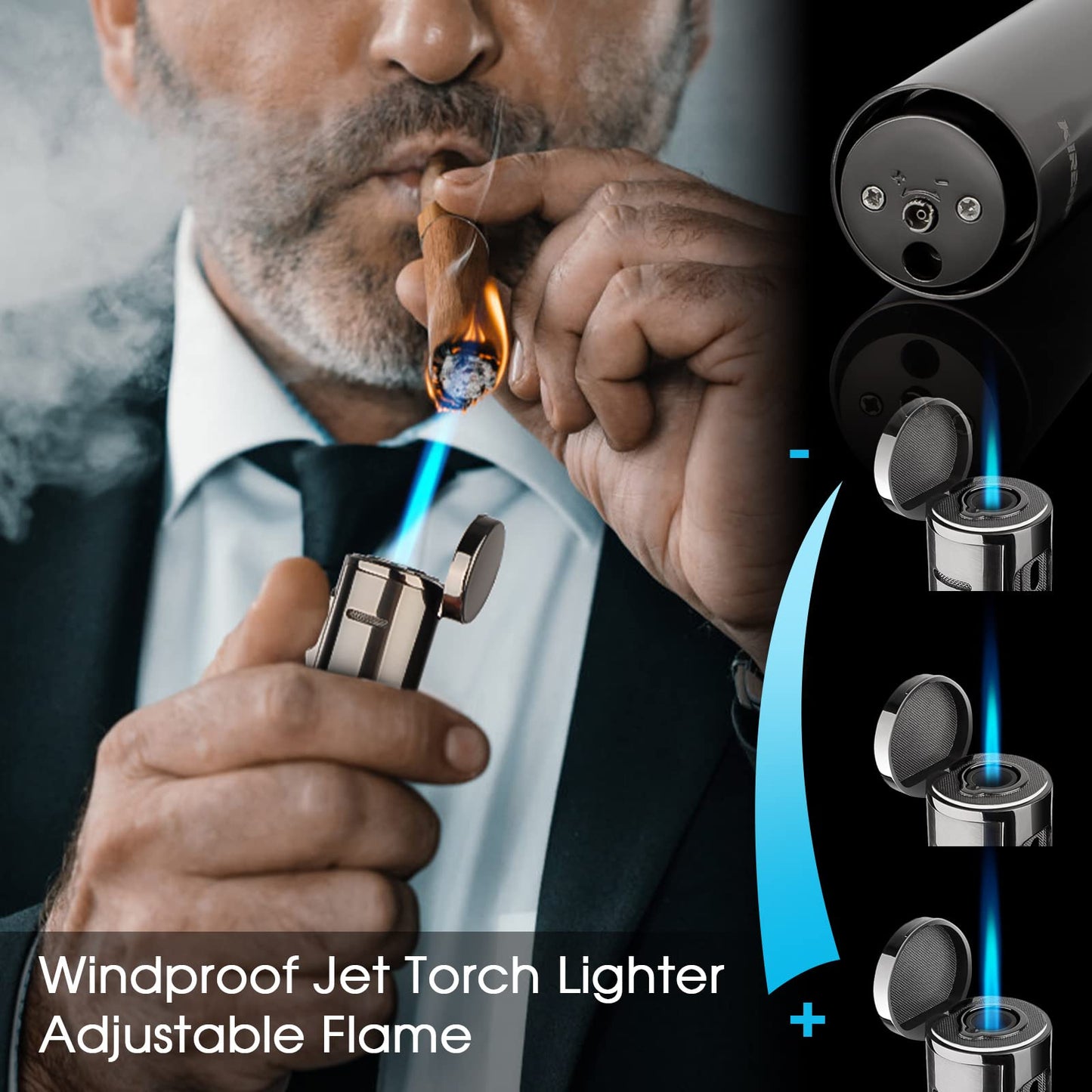 4-in-1 Torch Cigar Lighter with Jet Flame, Cigar Punch, Cigar Holder, Cigar Draw Enhancer, All-in-one Cigar Accessories, Luxury Gift for Men, Refillable Butane Cool Lighters for Smoking, Candle