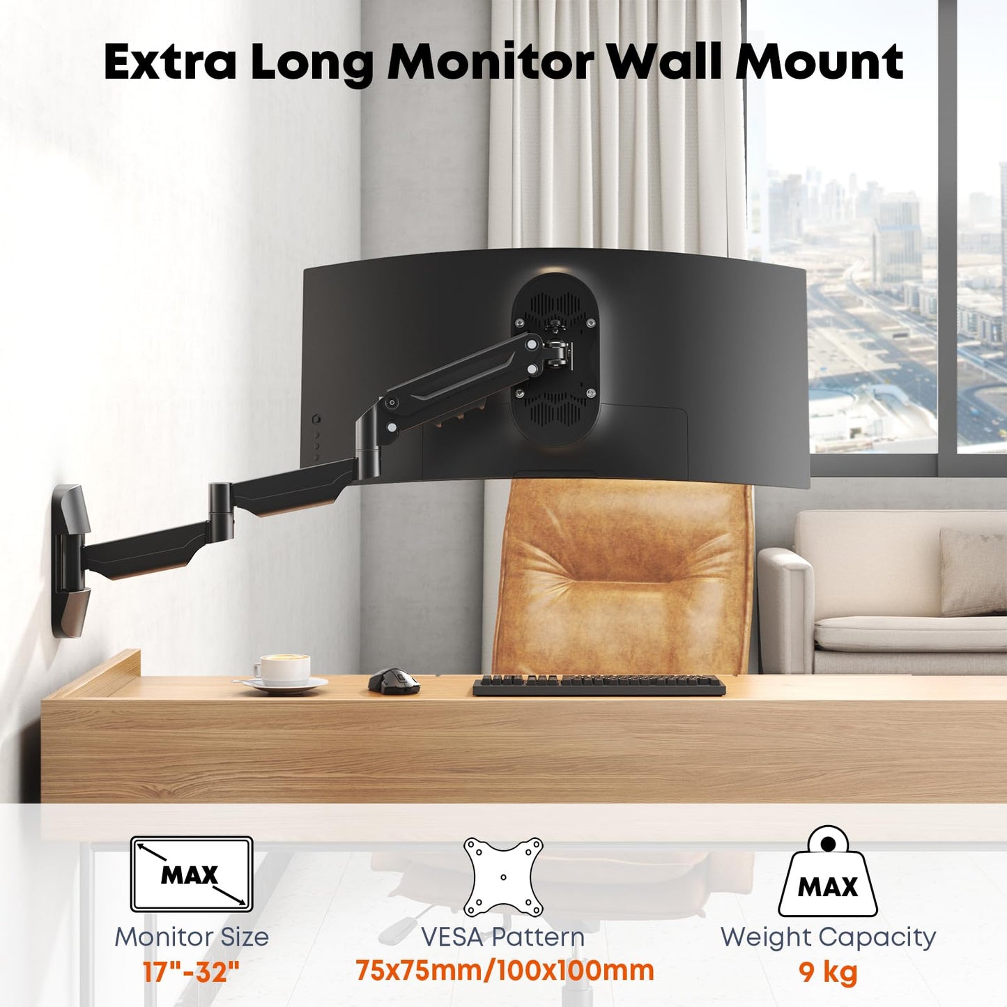 Monitor Wall Mount for 17 to 32 inch Computer Screen, Extra Long Single Wall Mount Monitor Arm, Full Motion Vesa Wall Bracket, VESA 75/100mm, Hold up to 19.8lbs, Black