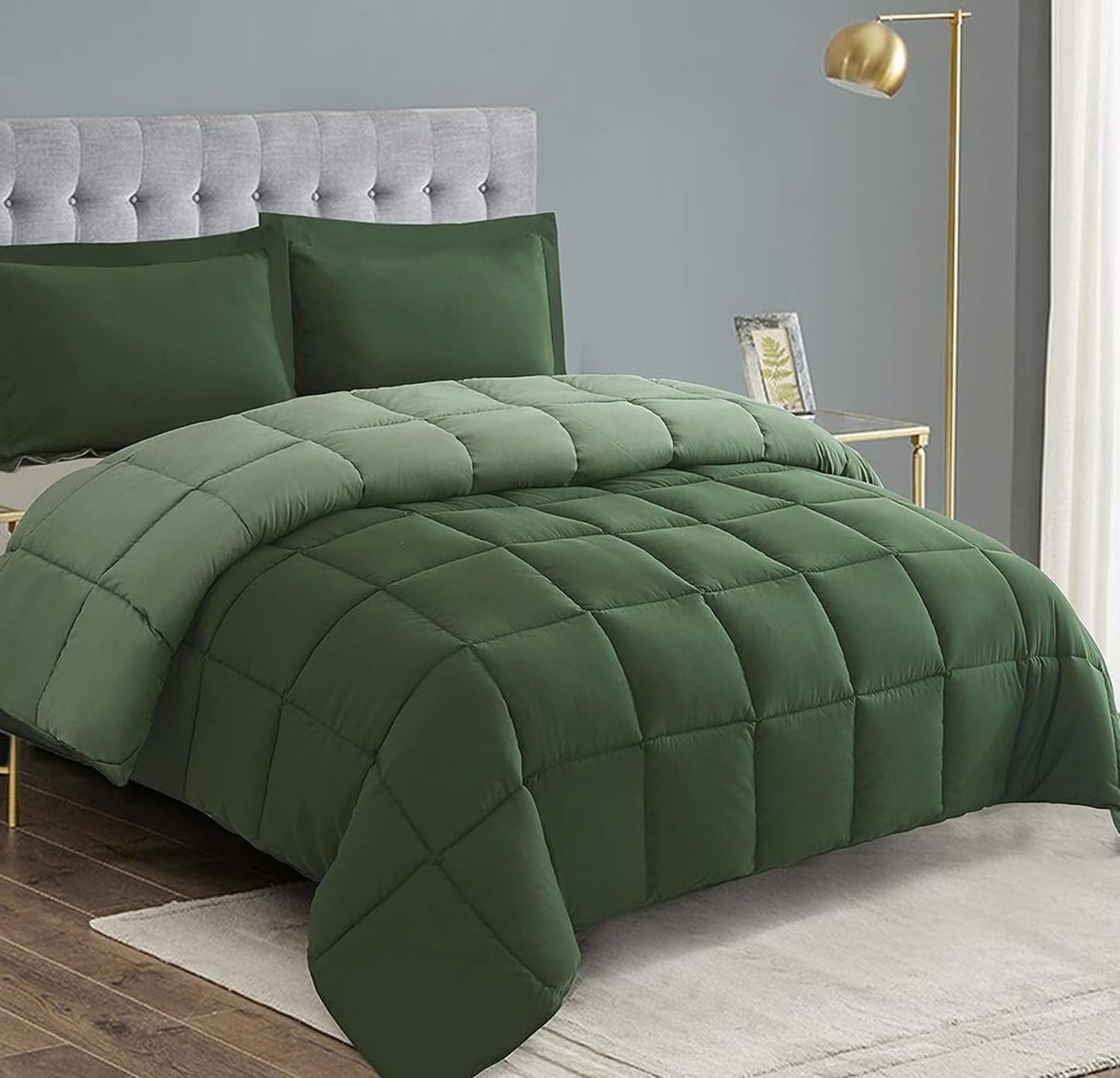 HIG 3pc Down Alternative Comforter Set - All Season Reversible Comforter with Two Shams - Quilted Duvet Insert with Corner Tabs - Box Stitched - Hypoallergenic, Soft, Fluffy (Green, Twin/Twin XL)