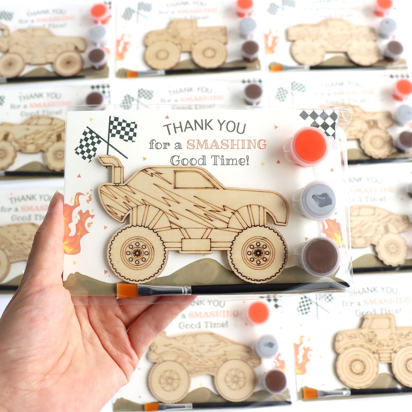 12-Pack Pre-Packaged Monster Truck Party Favors for Kids, Wooden Truck Cutouts with Magnets & Painting Kits, Boys' 4th Birthday Decorations & Thank You Gifts for Guests