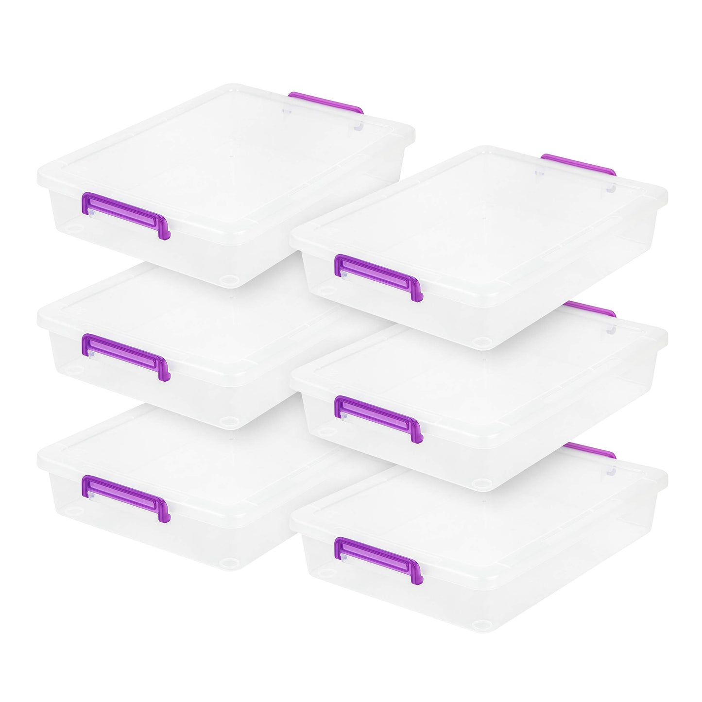 IRIS USA 6 Quart Clear Plastic Modular Storage Bins with Secure Latching Buckles, Organizing Container with Durable Lids, Stackable and Nestable, Large, Clear/Violet, 6 Pack