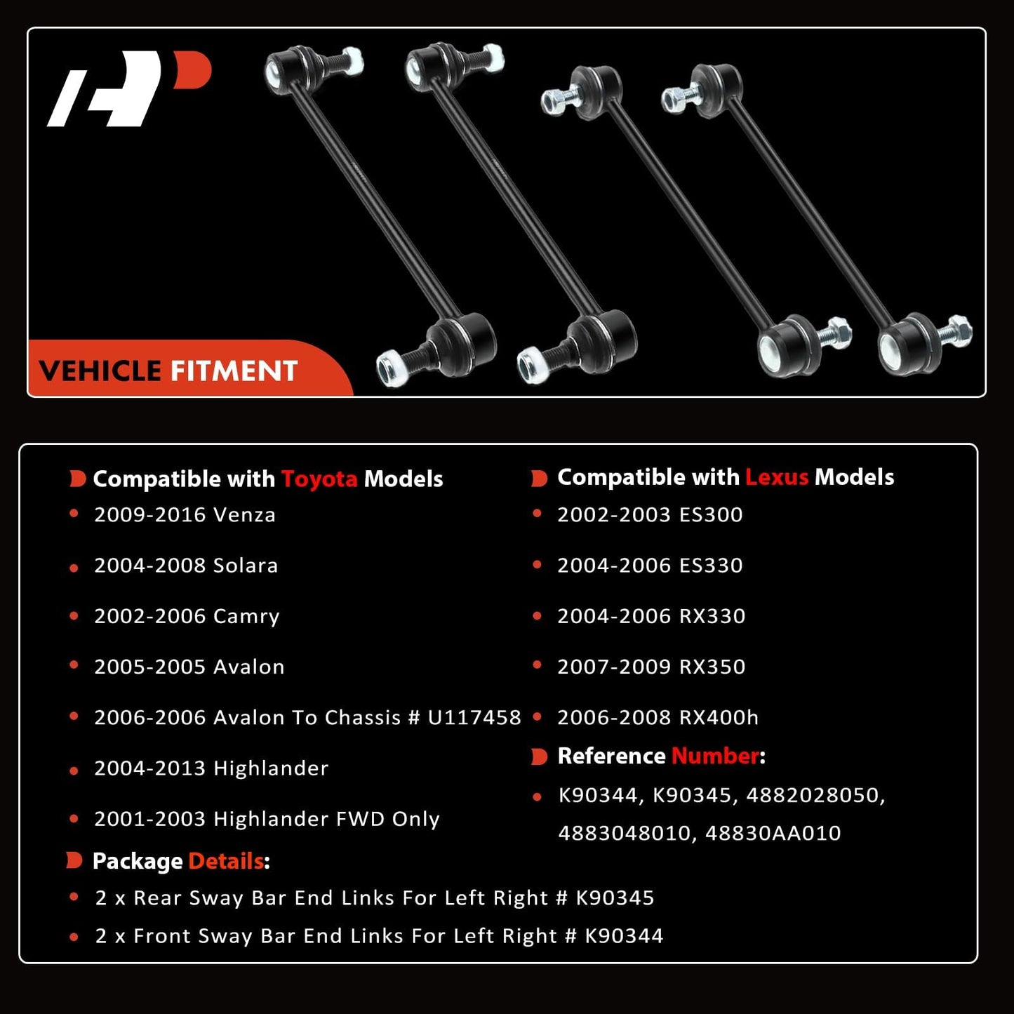 A-Premium 4Pcs Suspension Kit Front and Rear Sway Bar Links Stabilizer Bar Links Kit, Compatible with Toyota & Lexus- 2001-2016 - Camry Highlander Avalon Venza & ES300 ES330 RX330 RX350 RX400h