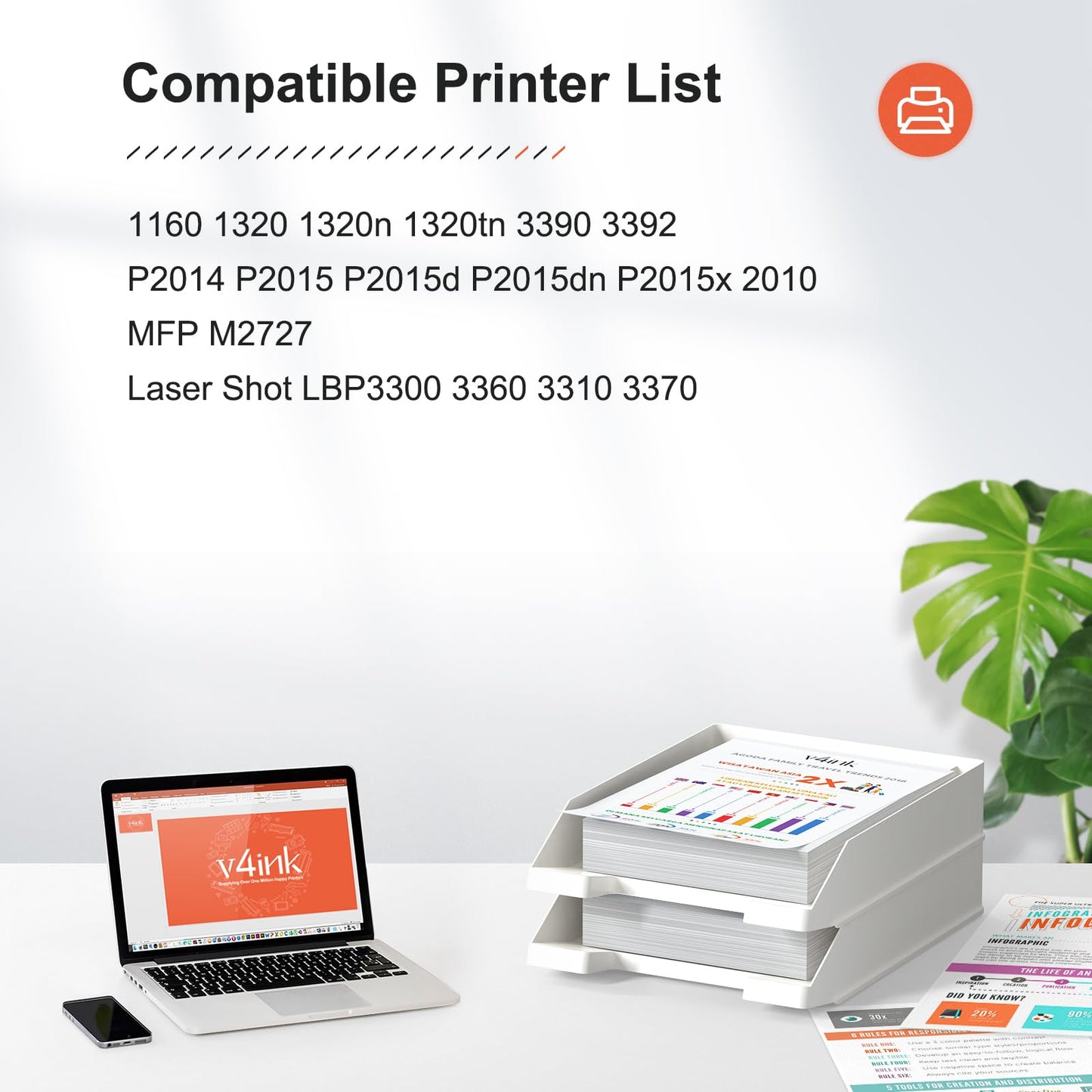 v4ink Compatible 49A 53A Toner Cartridge Replacement for HP Q5949A Q7553A for use with HP 1320 1320n P2015dn P2015 P2015n 3390 3392 1160 P2014 M2727nf MFP Printer (Black,2 Packs)