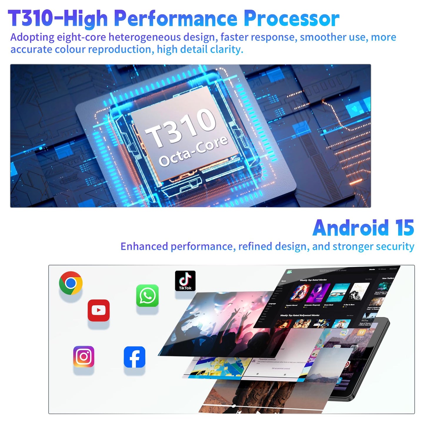 Android 15 Tablet 10 inch,2025 Newest Tablets,18GB RAM 128 ROM,1TB Expandable,Widevine L1 Compatible Octa-Core Tablet with WiFi 5,6000mAh,T310 CPU,Dual Camera(5MP+8MP)