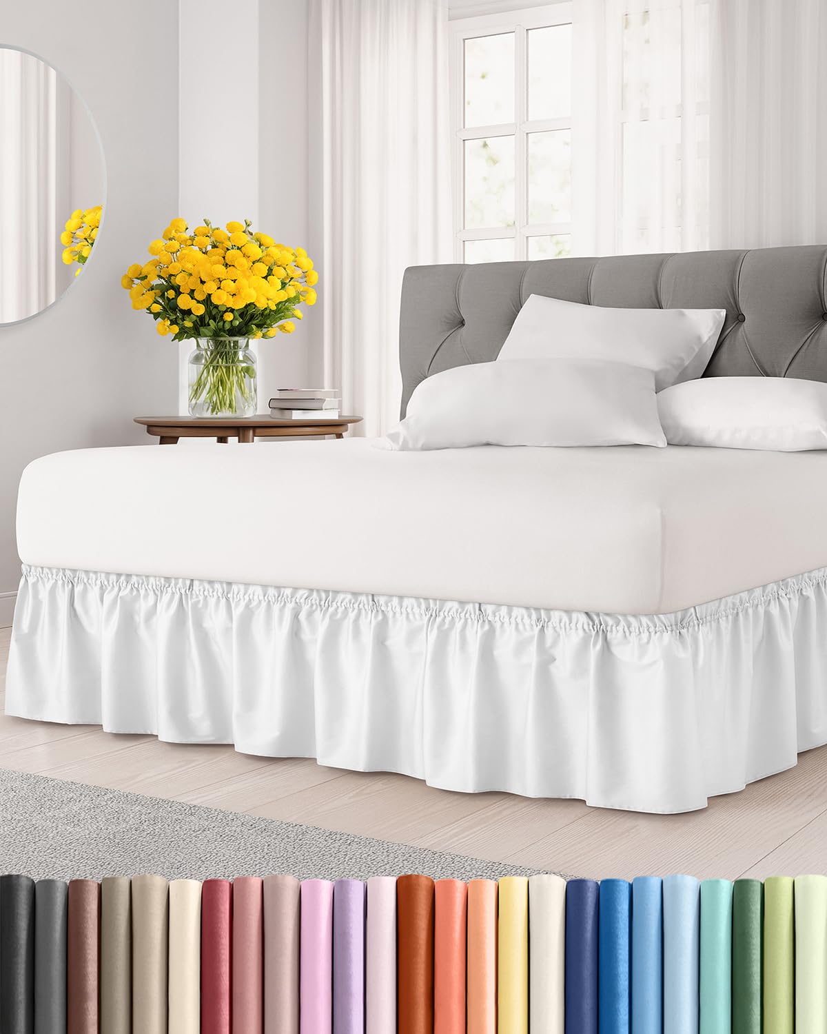 Wrap Around Dust Ruffle Bed Skirt - White - for Queen Size Beds with 12 Inch Drop - Easy Fit Elastic Strap - Adjustable Pleated Bedskirt w/Brushed Fabric - Wrinkle Free - for Women, Men, Kids & Teens