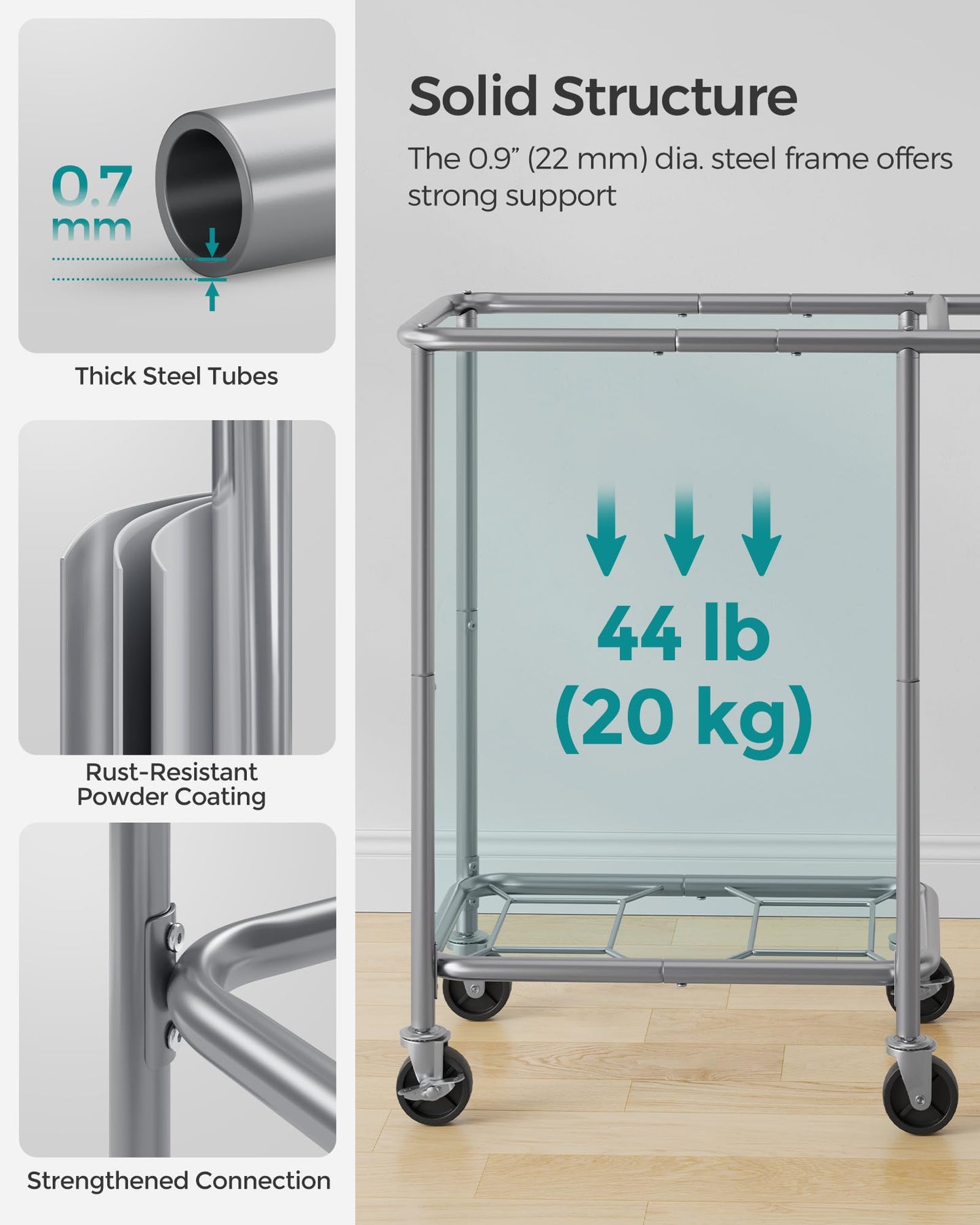 SONGMICS Laundry Basket with Wheels, 2-Section Rolling Laundry Hamper, 37 Gallons (140 L), Removable Liner, Steel Frame with Handle, 69 x 39 x 81 cm, Dove Gray URLS004G01