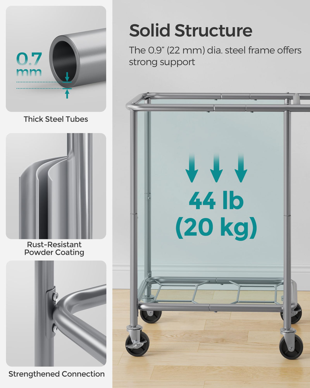 SONGMICS Laundry Basket with Wheels, 2-Section Rolling Laundry Hamper, 37 Gallons (140 L), Removable Liner, Steel Frame with Handle, 69 x 39 x 81 cm, Ink Black URLS004B01