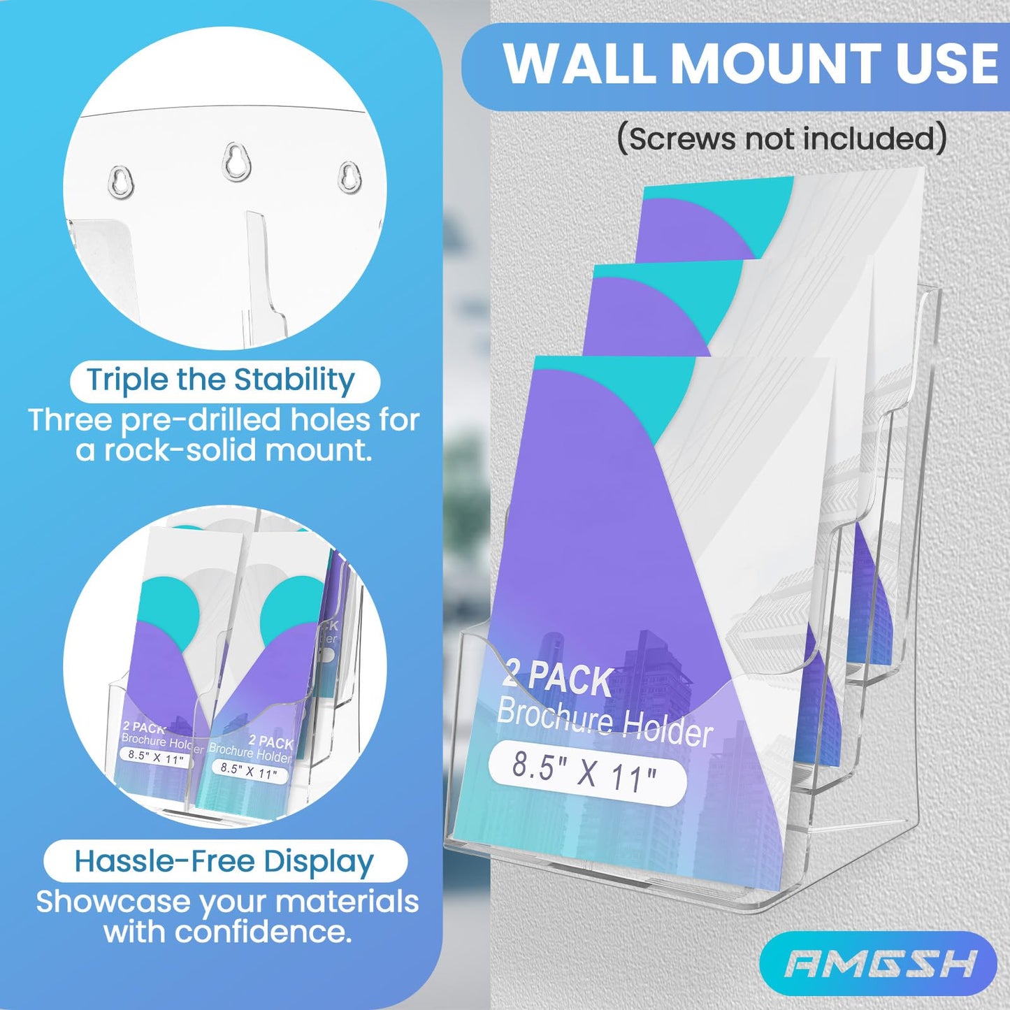 AMGSH 2 Pack 3 Tier Brochure Holder 8.5” x 11” - Acrylic Literature Holder with Removable Divider for 4” x 9” Brochure, Clear Flyer Holder Pamphlet Display Stand