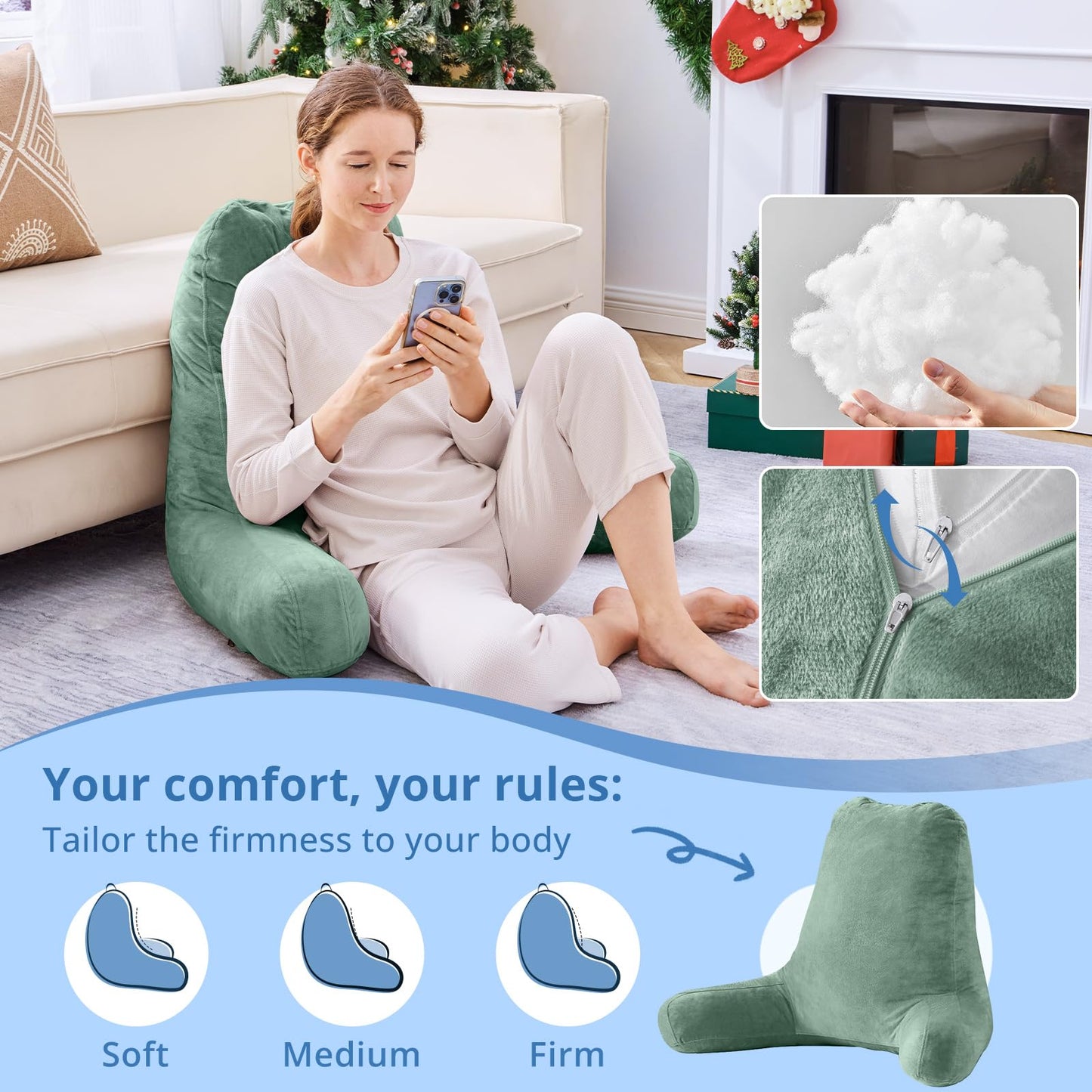 Sasttie 25-inch Reading Pillows for Sitting in Bed Adult, Jumbo Velvet Back Pillow Bed Sitting Up, XL High Back-Rest Support Cushion for Sit Up on Couch & Floor, Oeko-Tex Certified, Green