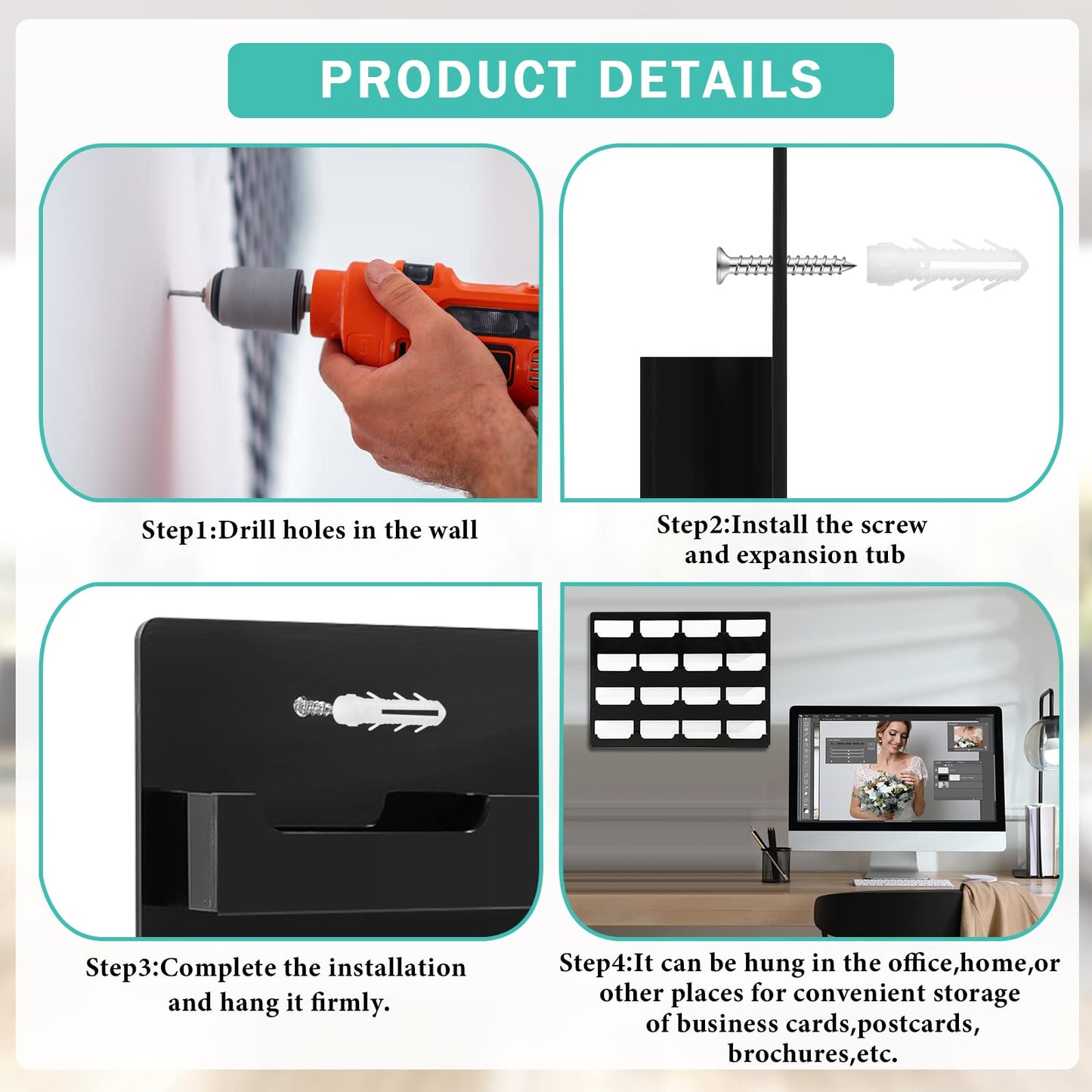 Geelin 2 Pcs Business Card Holder Wall Mount 16 Pocket Black Acrylic Business Card Display Holder with Hanging Hardware Vertical Sticker Display Rack Organizing Stand for Office Home(Horizontal)