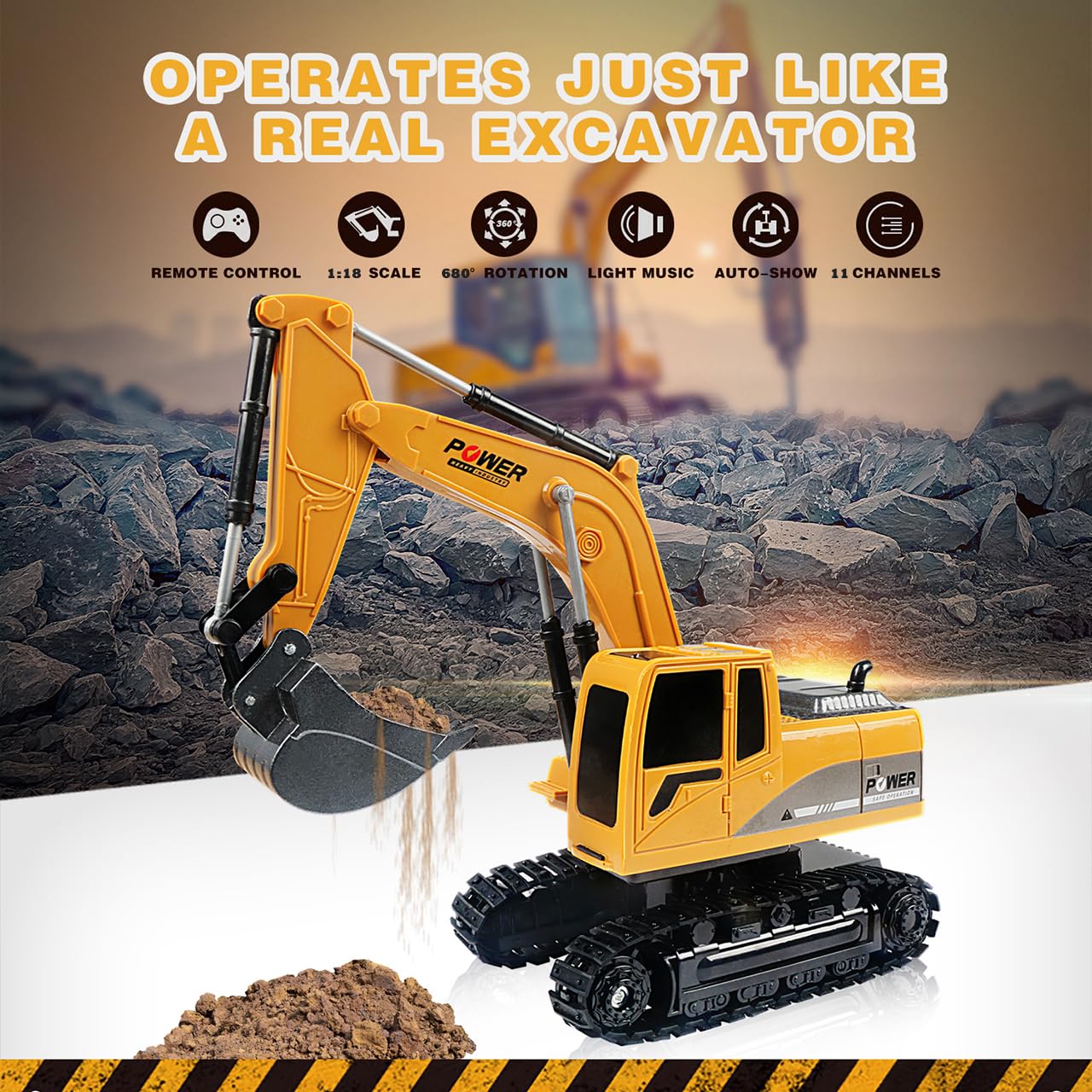 ID Gerilla Remote Control Excavator Toy, RC Construction - Metal Shovel Digger Vehicles with Lights Sounds and 680° Rotation Digging Sand, Birthday Gifts for 3 4 5 6-10 + Year Old (11CH Excavartor)
