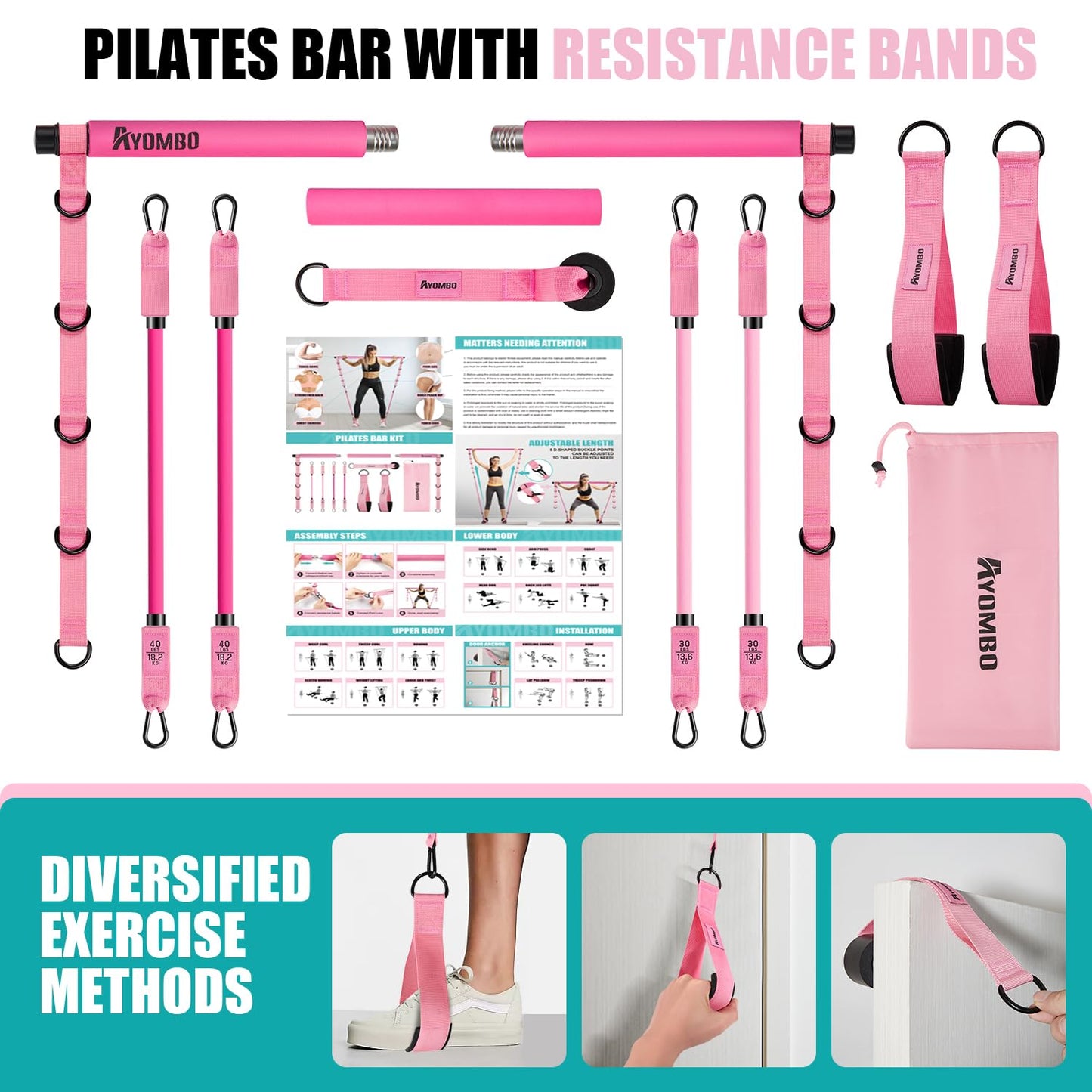 Pilates Bar Kit with Resistance Bands, Pilates Workout Equipment for Legs, Hip, Waist, Arm, Squats Exercise Equipment for Home Workouts, Adjustable 3-Section Resistance Bands Bar Kit for Women & Men