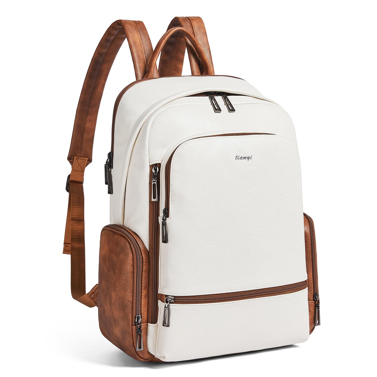 TIAMYI Computer Backpack for Women Soft Vegan Leather Back pack with 16.0 inch Laptop Compartment, Designer Ladies Travel Backpack, Beige