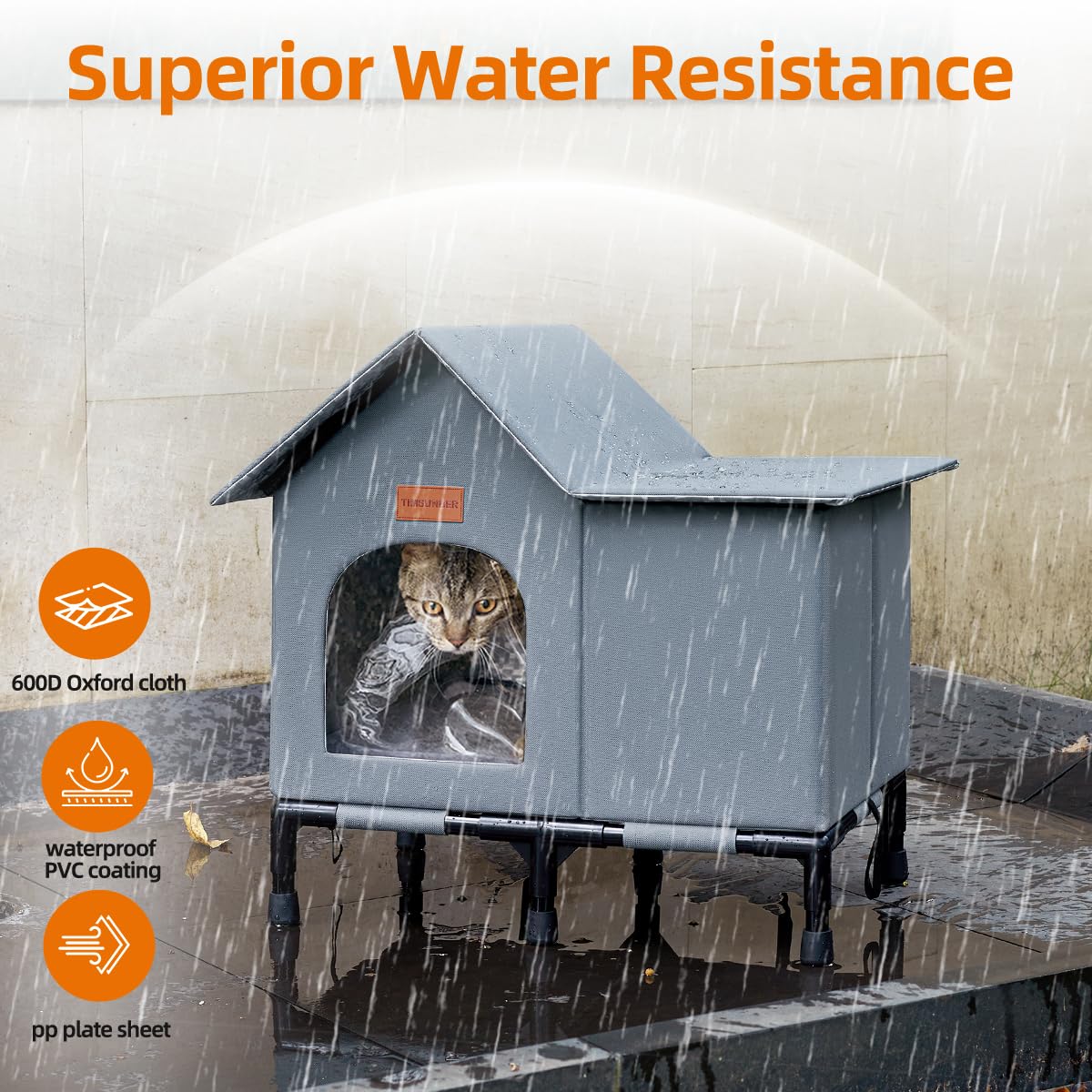 Insulated Cat Shelter Weatherproof Outdoor Cat House with Self-Warming Insulation Raised Bottom and Waterproof Roof for All-Season Protection (Grey, Large)