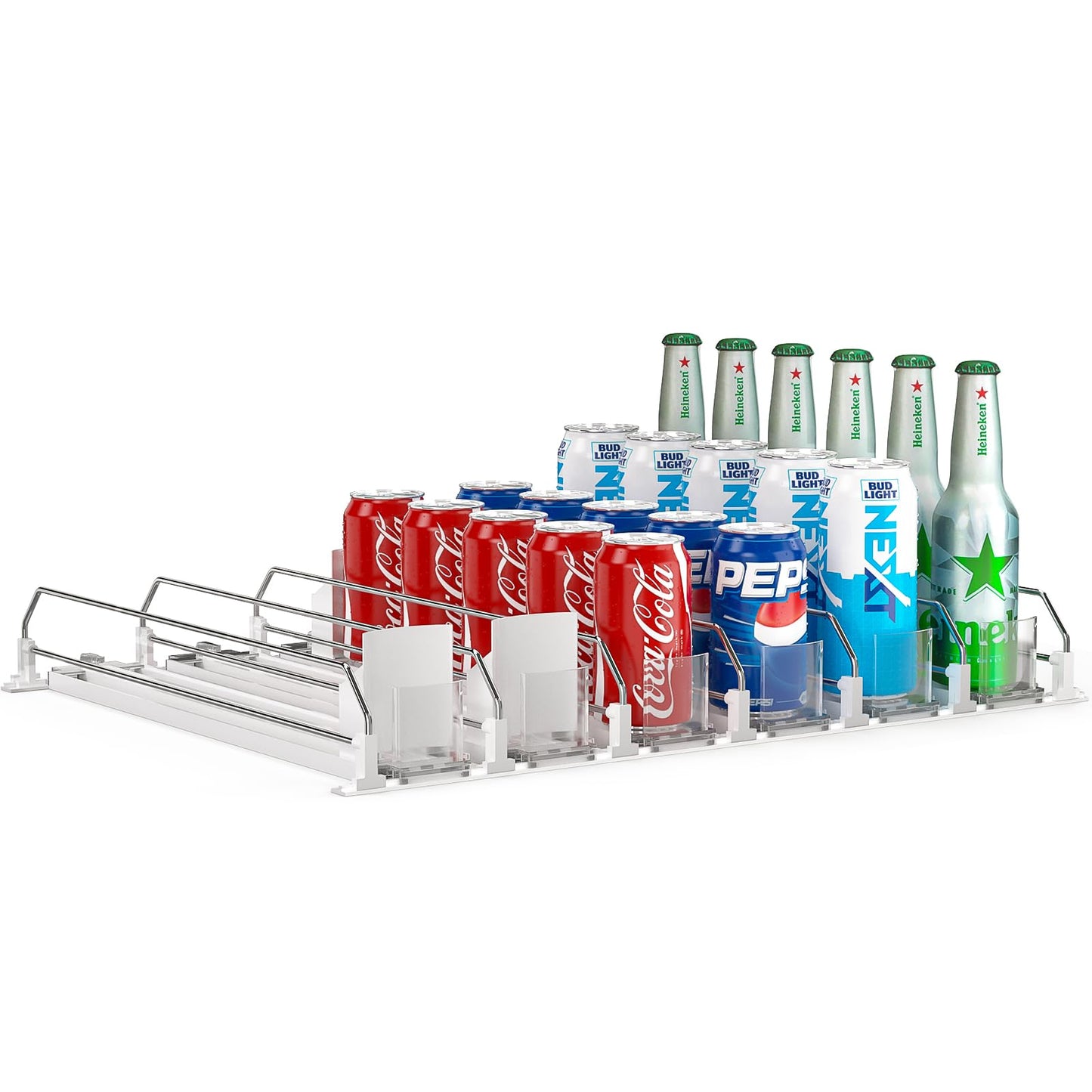 Soda Can Dispenser for Refrigerator,Self-Pushing Drink Organizer for Fridge, Width Adjustable Fridge Organization, Beer Pop Can Water Bottle Drink Dispenser for Fridge (15.1"D) White (White, 6 Row)