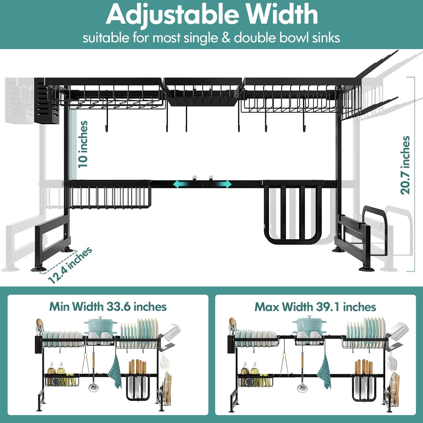 MAJALiS 2 Tier Over Sink Dish Drying Rack Stainless Steel Large Drainer for Kitchen, Height Adjustable Above Sink Shelf, Expandable Space Saving Over Counter Organizer with 6 Hooks, Black