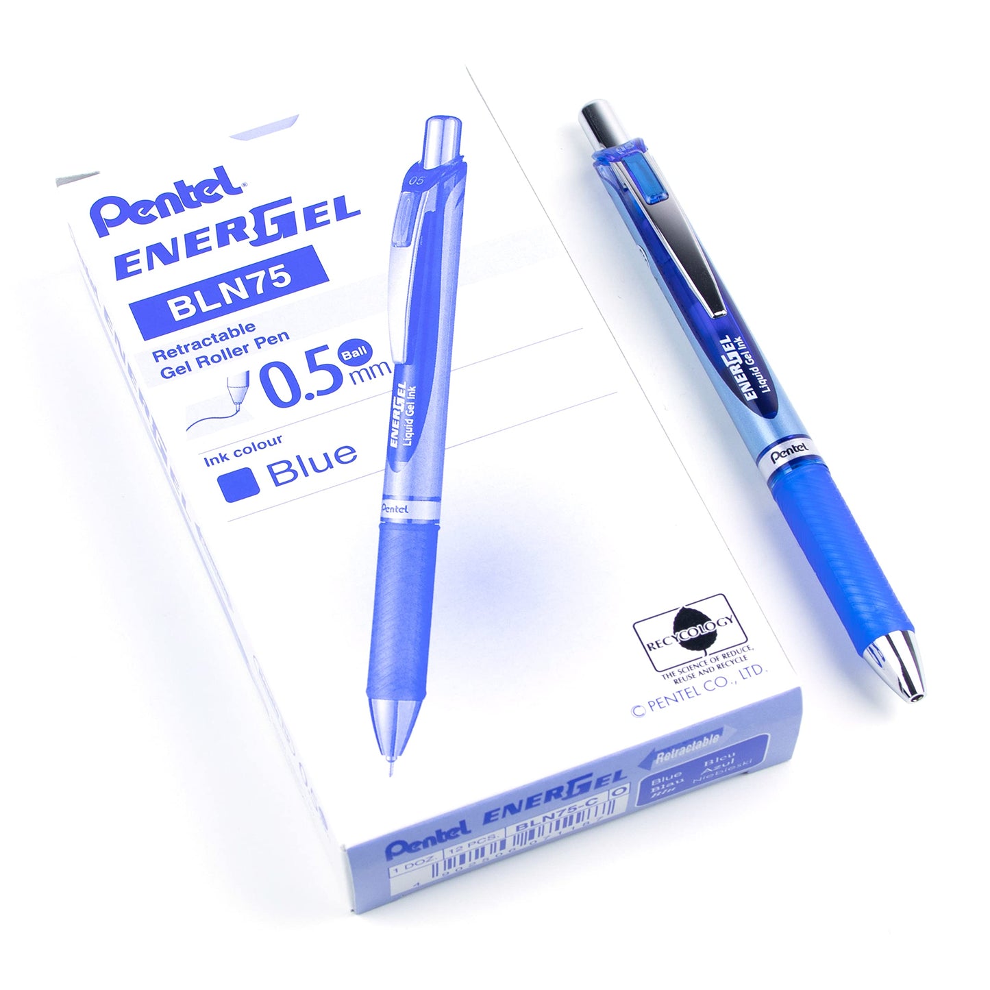 Pentel EnerGel Retractable Liquid Gel Rollerball Pen, Everyday Use, Office Supplies, School Supplies, 0.5mm Fine Needle Point, Blue Ink, BLN75-C, Box of 12