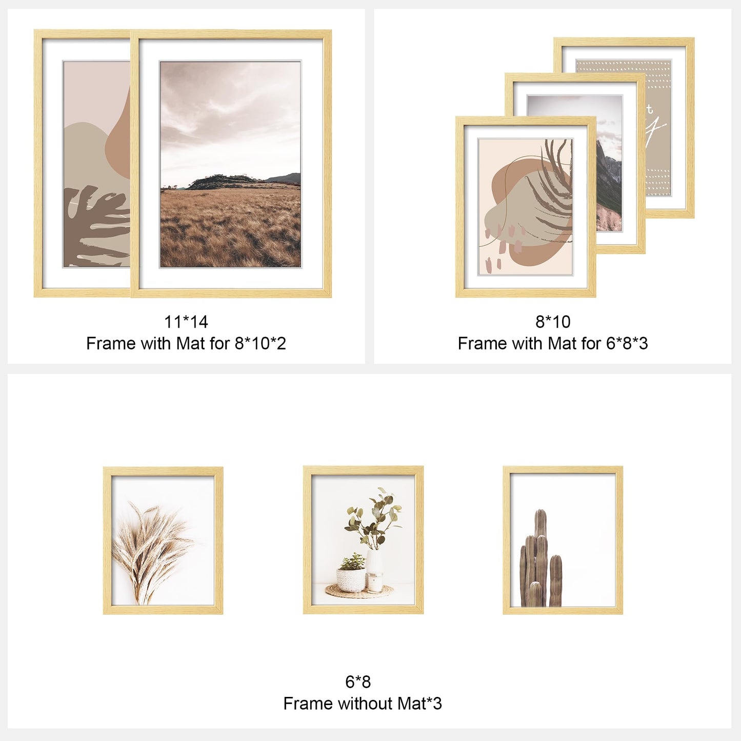 ArtbyHannah Gallery Wall Frame Set, Neutral Modern Art Prints,Picture Frames Collage Wall Decor for Living Room, 8 Pack in Multiple Sizes(11x14 inch,8x10 inch,6x8 inch)