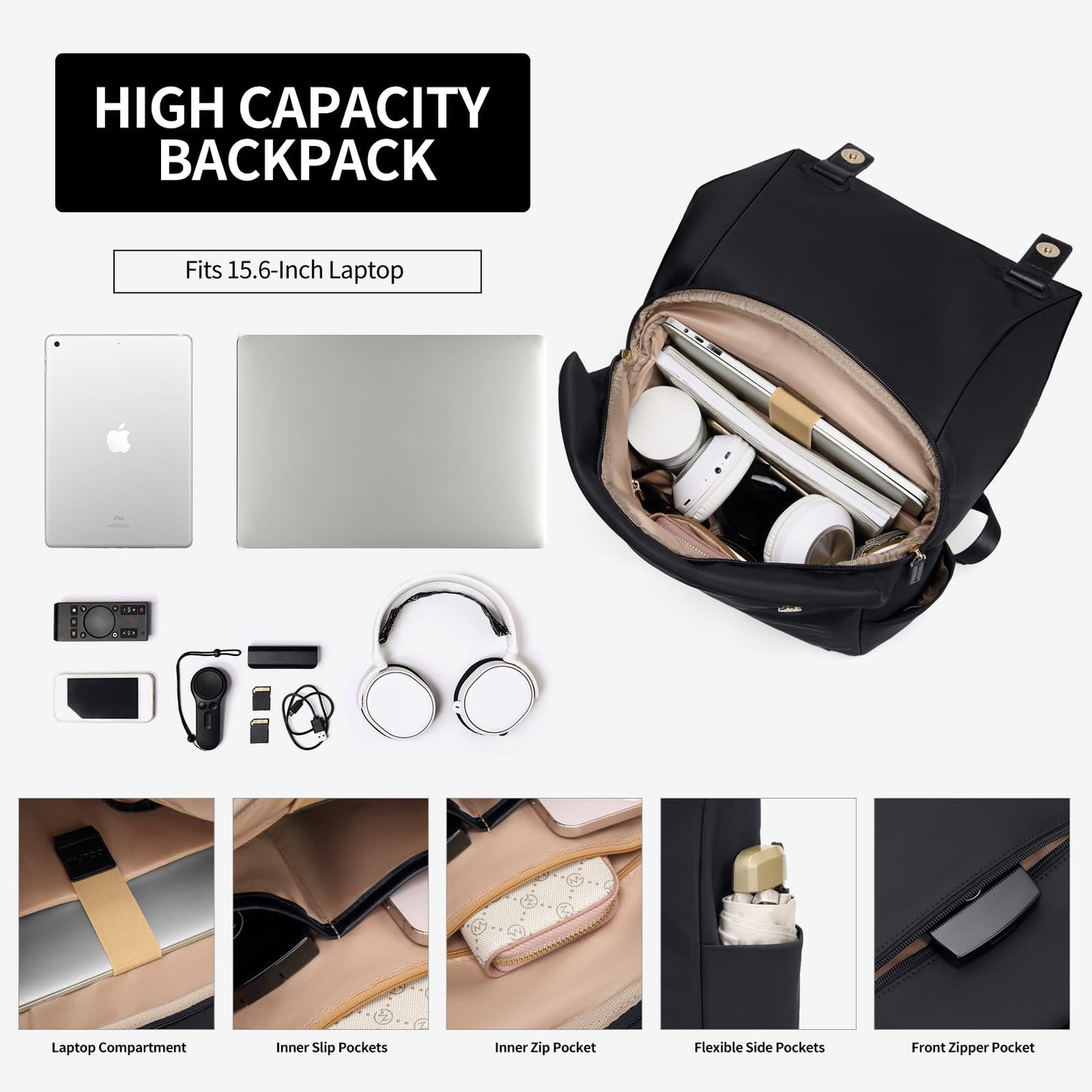 GOLF QUALITY Laptop Backpack with Flap 15.6Inch mochila de viaje Anti-theft Bookbag Casual Daypack for Women Men Travel Commute College Work Teacher,Black